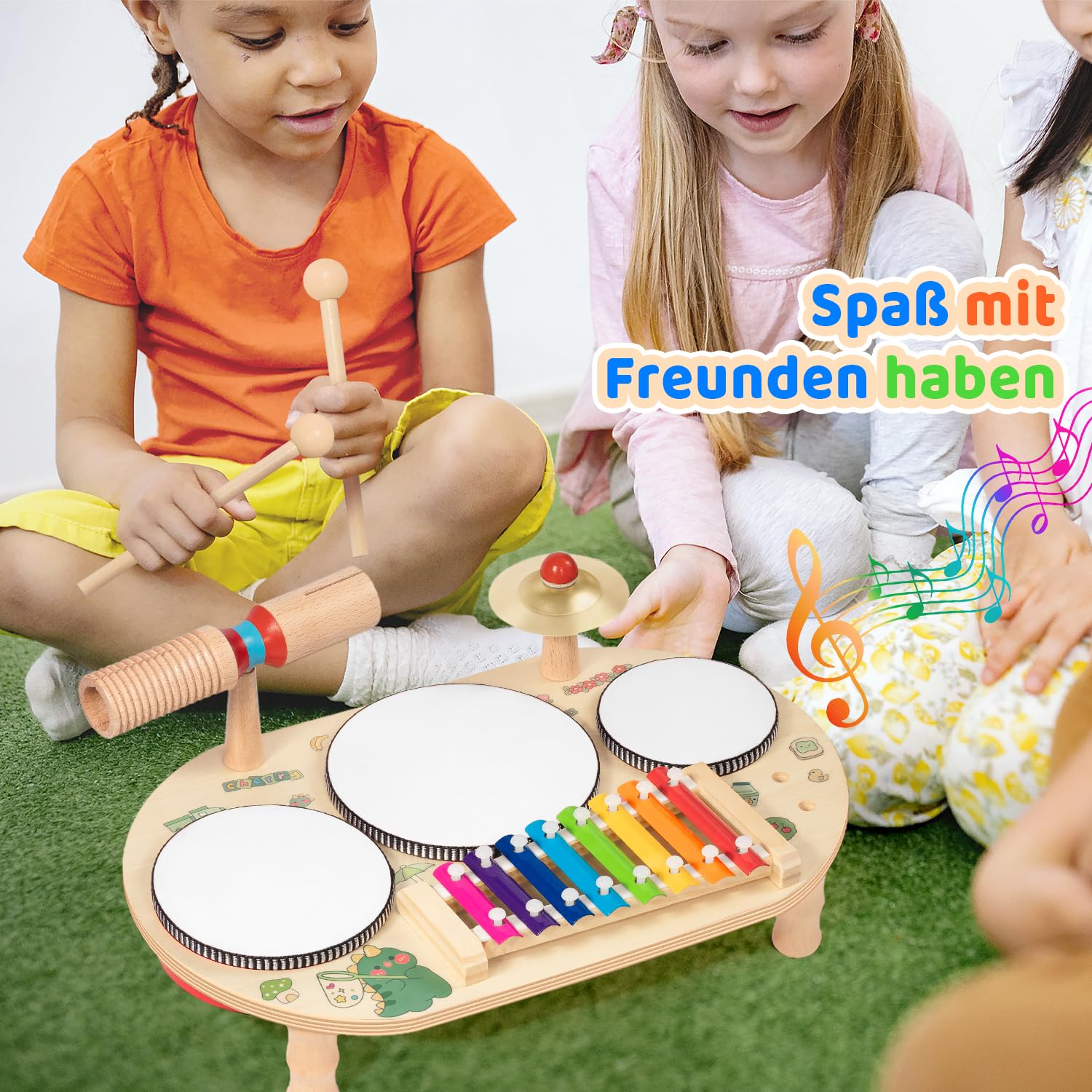 Schlagzeug Kinder, 8 In 1 Kinder Trommel Set, Musikspielzeug Musikinstrumente mit Xylophon, Holz Montessori Spielzeug für Jungen und Mädchen