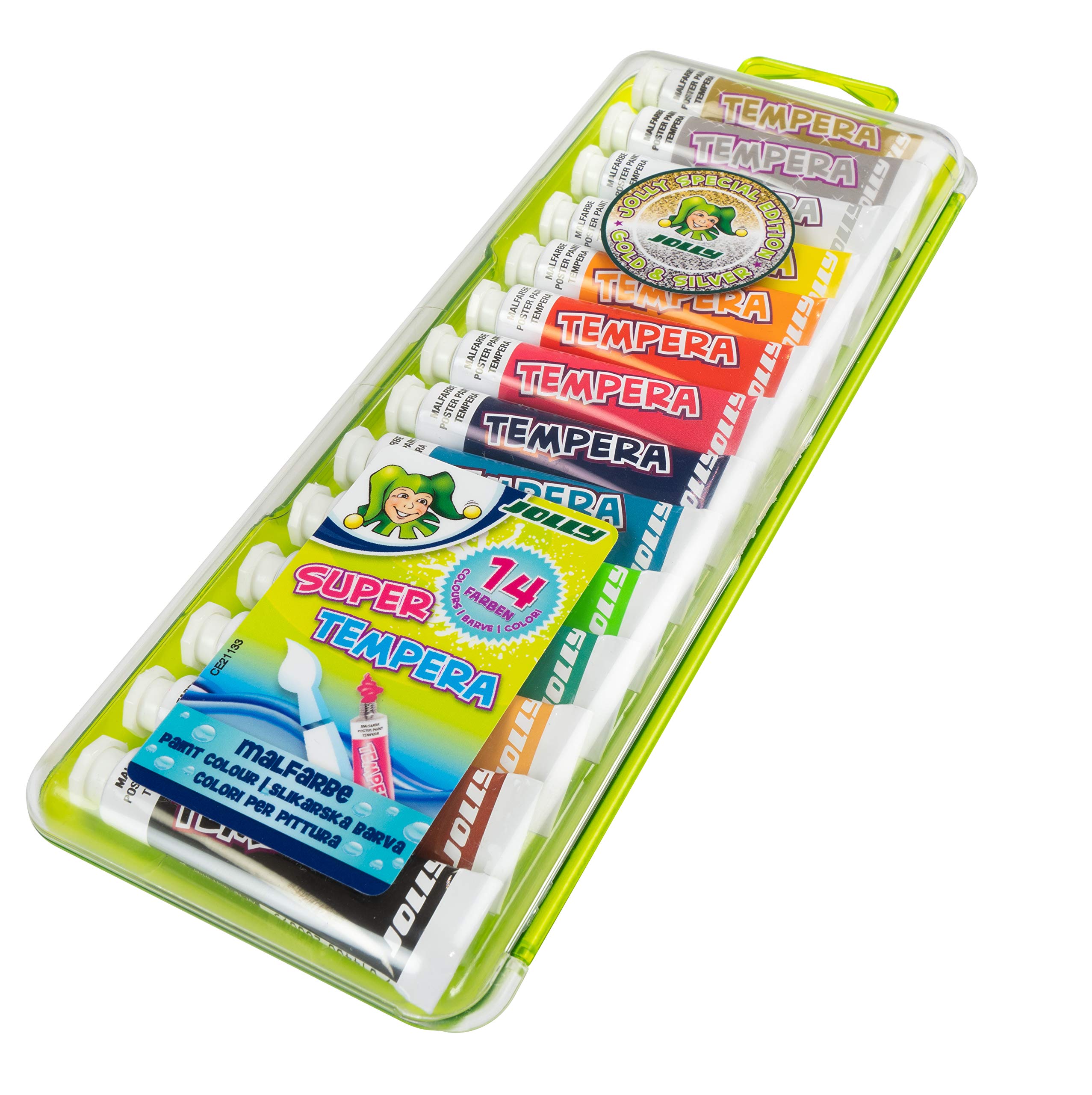 JOLLY tempera, set di colori a guazzo per bambini, colori per la scuola, 14 tubetti da 7,5 ml ciascuno, colorati, 105 ml, diluibili con acqua, alto grado di miscibilità, completamente atossici