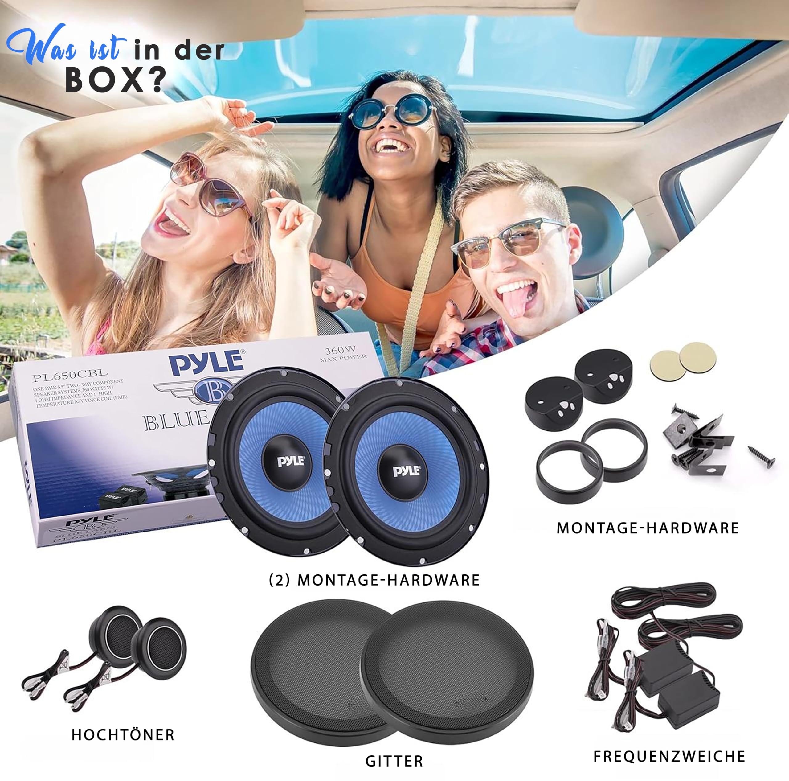 Pyle Auto Lautsprecher 165mm 6.5 Zoll 3 Wege Set 360W - Einbaulautsprecher Auto Kfz Lautsprecher mit Hochtöner Mitteltöner Car Hifi Klang klare Höhen für Soundsystem Upgrade einfache Montage