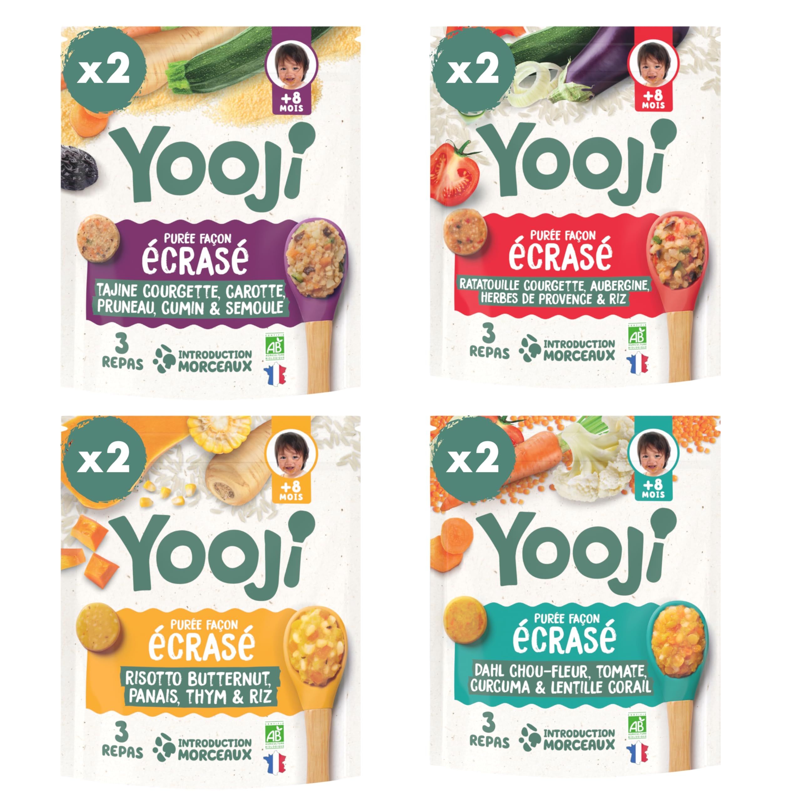 Yooji - 24 Repas BIO Pour Bébé dès 8 Mois - Les Écrasés, Purées Spécial Introduction Morceaux pour la Diversification Alimentaire - 4 Recettes Tajine Ratatouille Dahl Risotto - Lot 8x400g