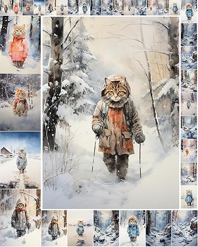 Decoupage - Paquete de papel (35 hojas de 6 x 8 pulgadas), adorables gatos en ropa cálida de invierno para senderismo en el bosque, tarjetas de