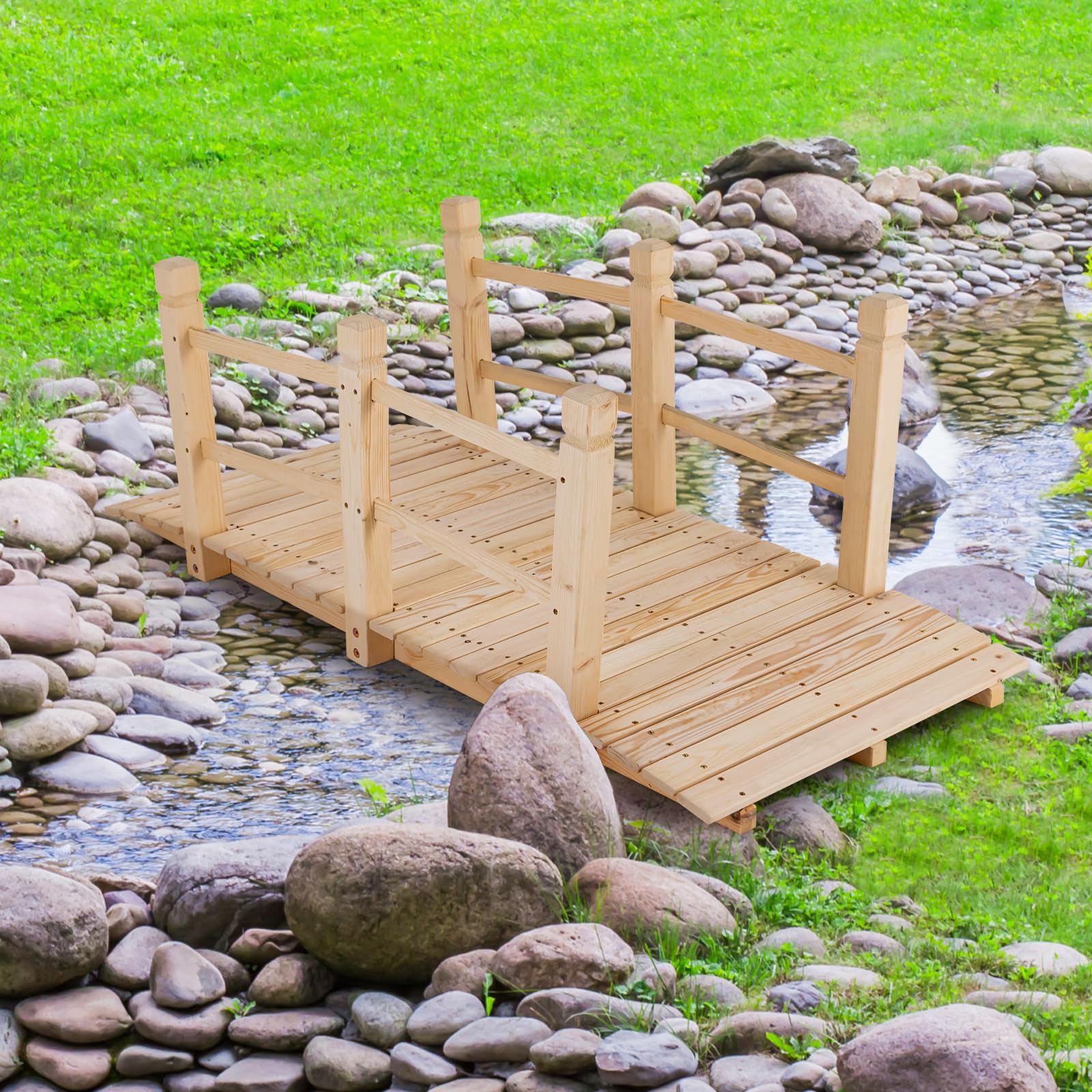 RELAX4LIFE Puente de Madera de Cedro Carbonizada con Barandilla, Puente para Estanque, Jardín y Patio, Decoración Jardín, Carga 100 kg, 150 x 67 x 55 cm (Natural)
