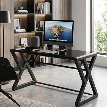 MANBUR Tempered Glass Computer Desk 55 Inch, Modern X-Leg Black Glass Desk for Home Office, Study, Writing, Gaming Workstation