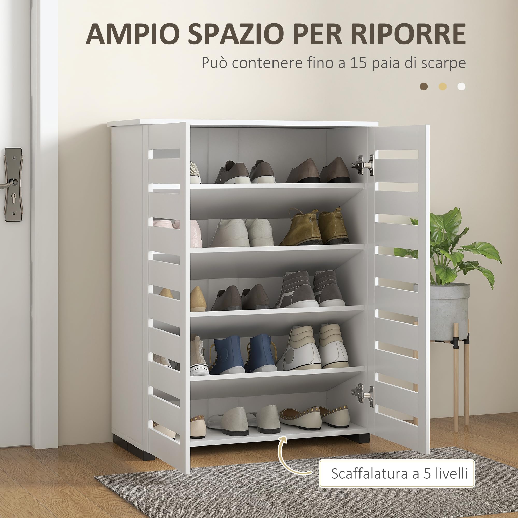 HOMCOM Mobile Scarpiera a 5 Livelli con 4 Scaffali Regolabili e Ante a Doghe, Scarpiera Moderna Salvaspazio in Legno, 76x33x98 cm, Bianco
