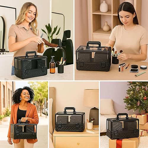 Miniatura 7 de Ver Beauty Organizador profesional de joyas y maquillaje, estuche de viaje acrílico resistente de 0.150 in con 6 bandejas extensibles y cerraduras,