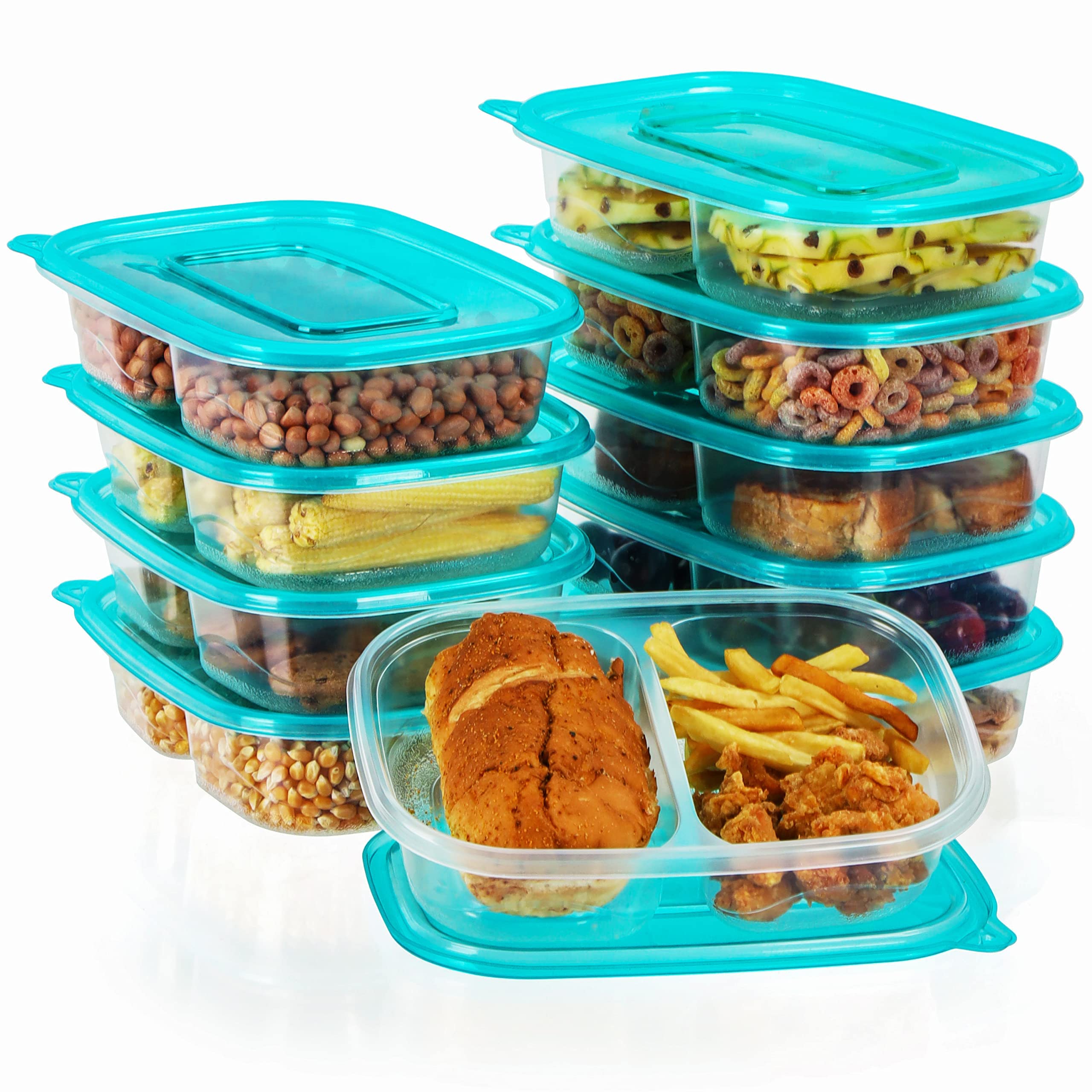 FRESHLY CONTAINED 10 Pack 2 Compartment Plastic Food Containers - 946ml / 32oz BPA-Free Reusable Deep Storage Bento Lunch Boxes with Lids - Microwave/Freezer/Dishwasher Safe Stackable for Meal Prep