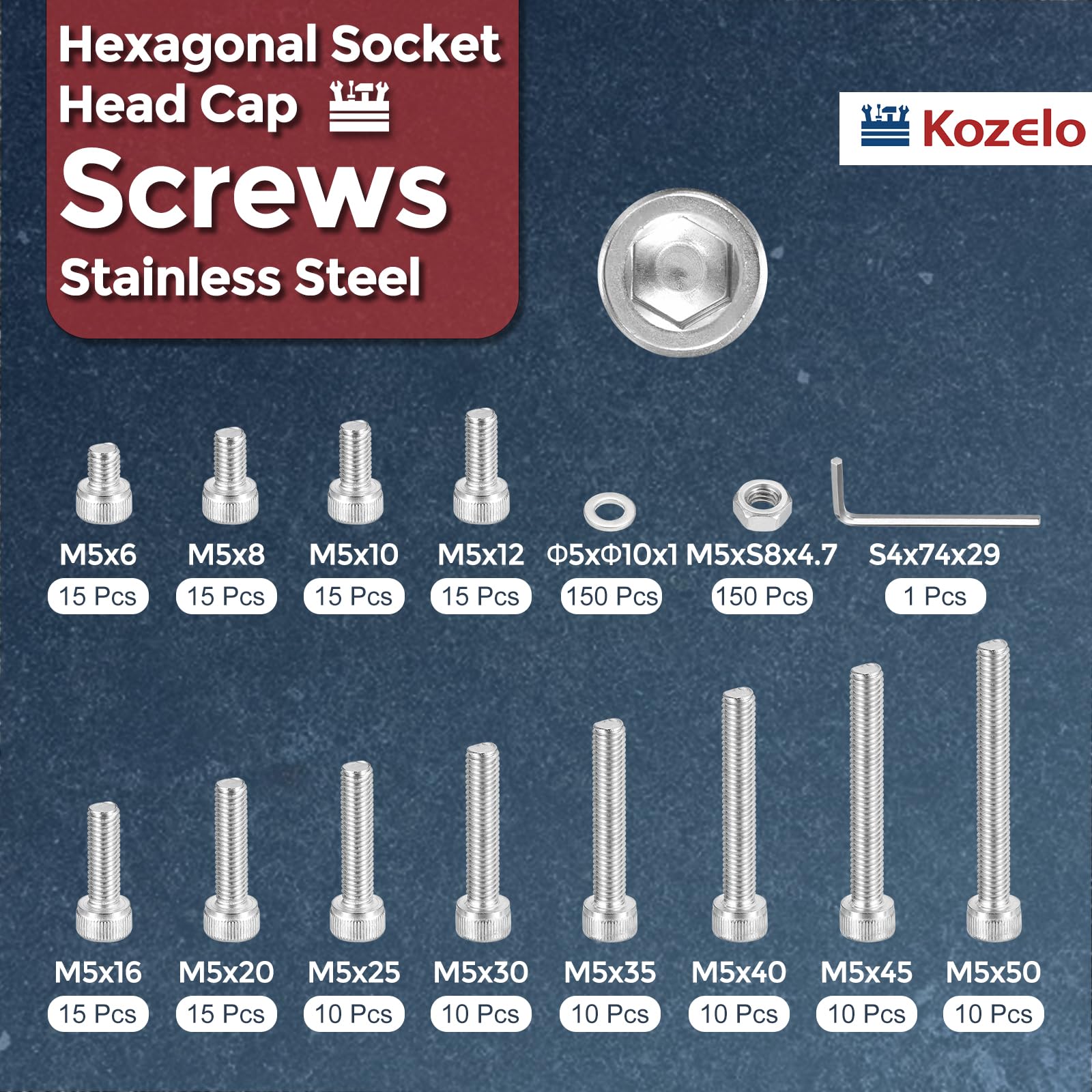 Kozelo 450pcs M5 Socket Head Cap Screws Bolts Nuts Assortment Kit - Image 2