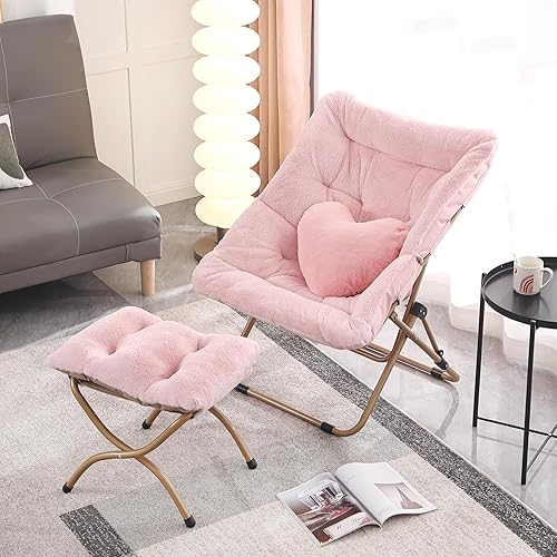 Miniatura 9 de Cómoda silla platillo con otomana, silla plegable de piel sintética de gran tamaño, silla suave y peluda con marco de metal, silla de luna para