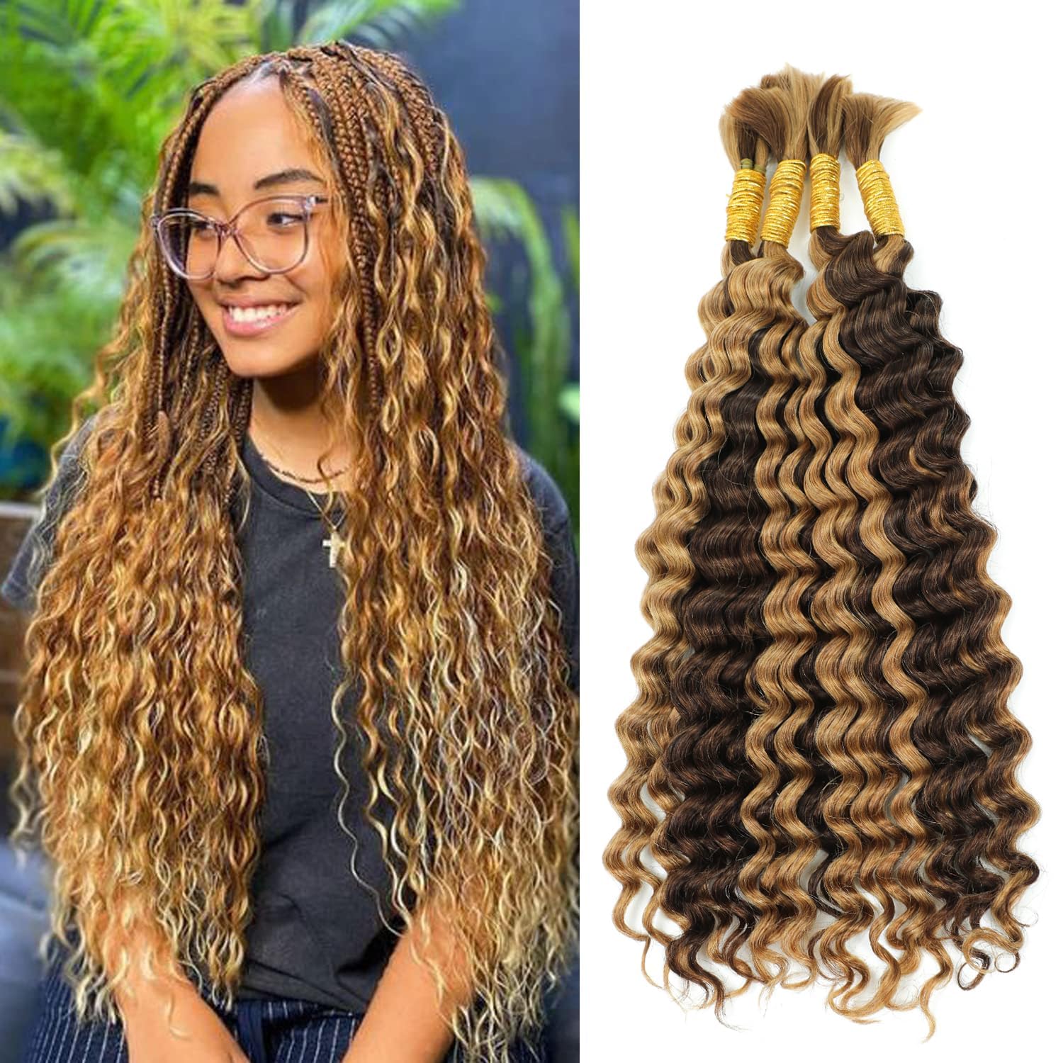 P4/27 Human Hair Bulk Braiding Extensions - Deep Wave, Highlight - Double Drawn, 20 Inch - Knotless, Boho Braid - 200g (50g X 4)