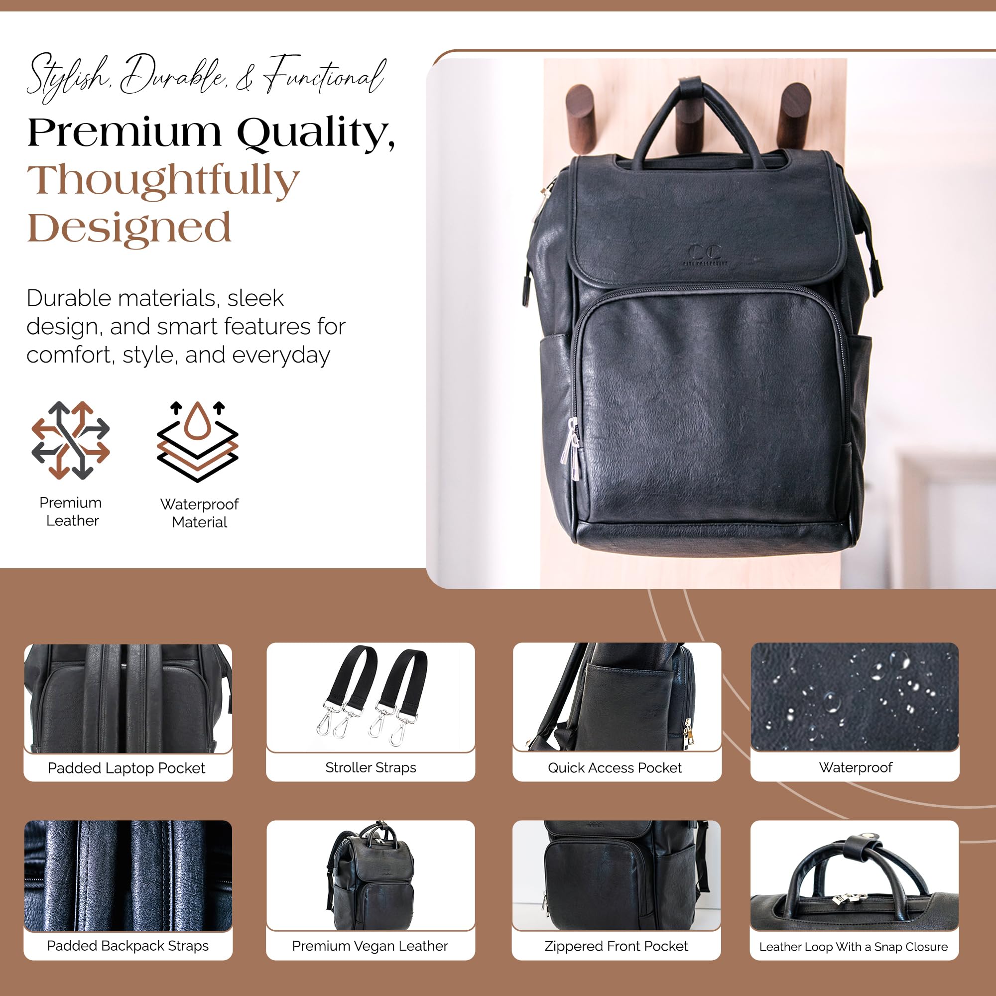 Citi Babies Black Faux Leather Diaper Bag Backpack - Vegan Leather Diaper Bag with Shoulder Strap, Large Capacity, Insulated Bottle Pockets, Changing Pad, Stroller Clip