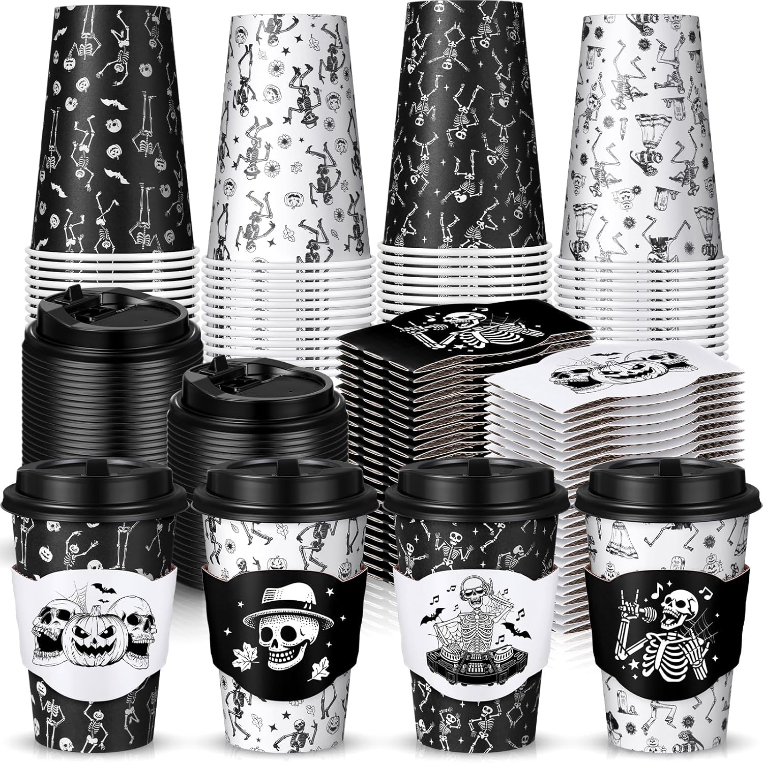 Jingmore 100 Pack 12 oz Halloween Disposable Coffee Cups with Lids and Sleeves Hot Cold Beverage Coffee Juice Drinking Cups for Halloween Party Decoration(Skeleton)