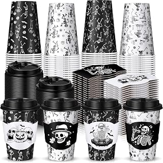 MotiMind 48 Pack Halloween Disposable Coffee Cups, Black & White, Skeleton