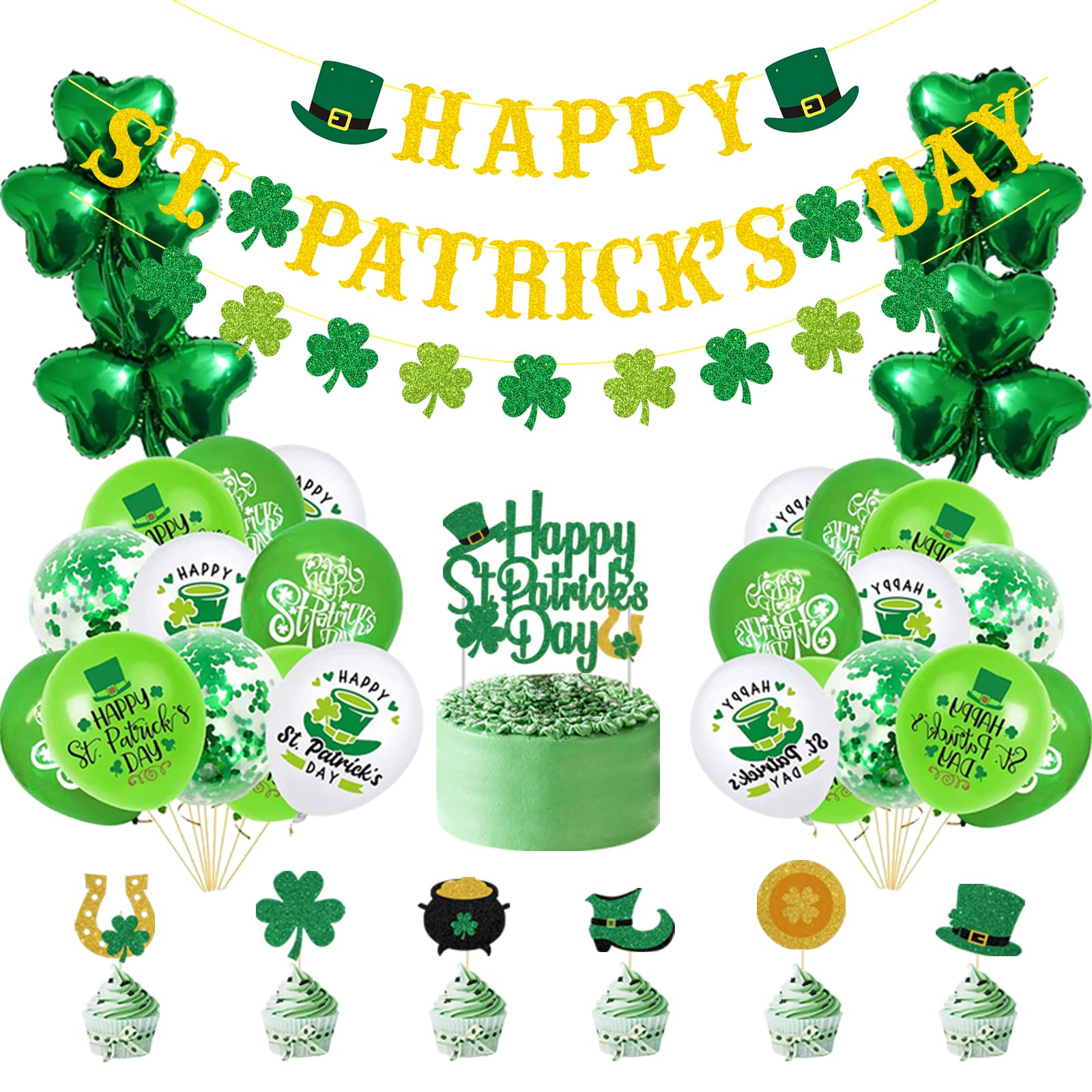 St Patricks Day Decorations Kit Happy St Patrick's Day Banner Shamrock Garland Balloons Cupcake Toppers Foil Fringe Curtains For Irish Party Supplies