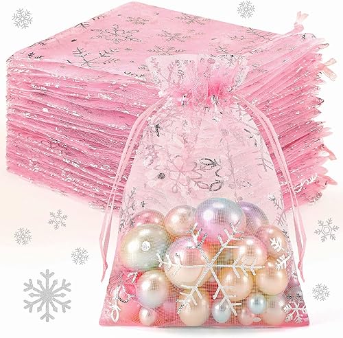 Roowest 100 bolsas de regalo de organza rosa con copos de nieve de Navidad de 4 x 6 pulgadas, pequeñas bolsas de malla para joyas, mini bolsas de