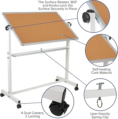 Miniatura 5 de EMMA + OLIVER Tablero de anuncios de corcho móvil reversible de 53 pulgadas de ancho x 59 pulgadas de alto y tablero blanco con bandeja para