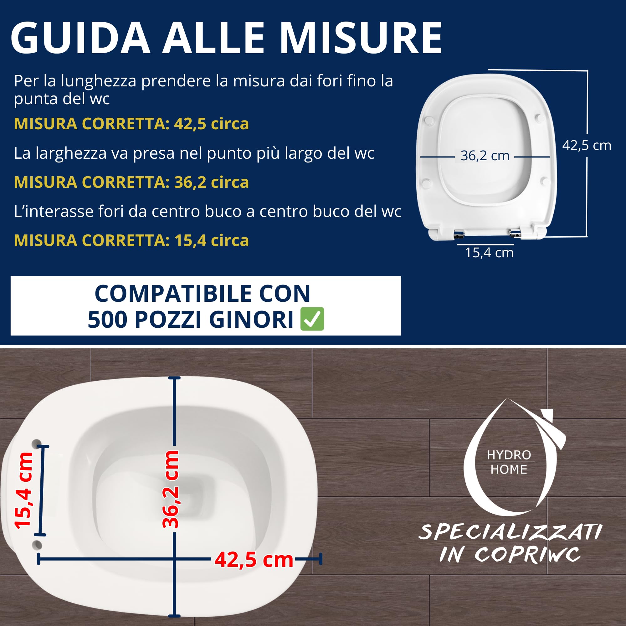 HYDRO HOME Tapa WC compatible con Pozzi Ginori 500 como original, termoendurecida, con bisagras fijación superior, Made in Italy (CIERRE SUAVE)