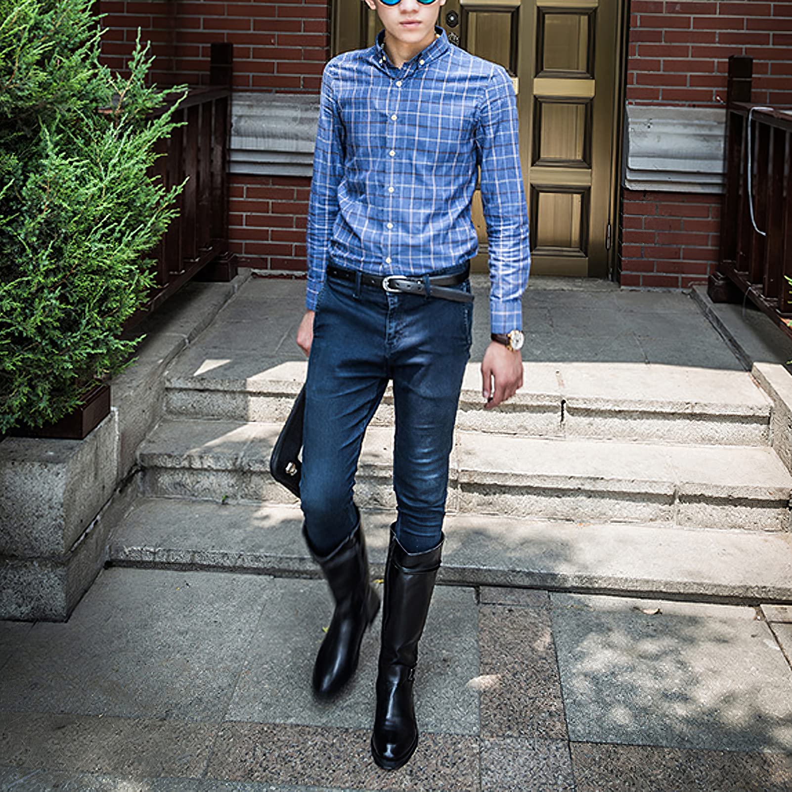 ANUFER Hommes Sous le Genou Bottes de Chevalier Cuir Microfibre Fermeture éclair Cowboy Bottes D'équitation