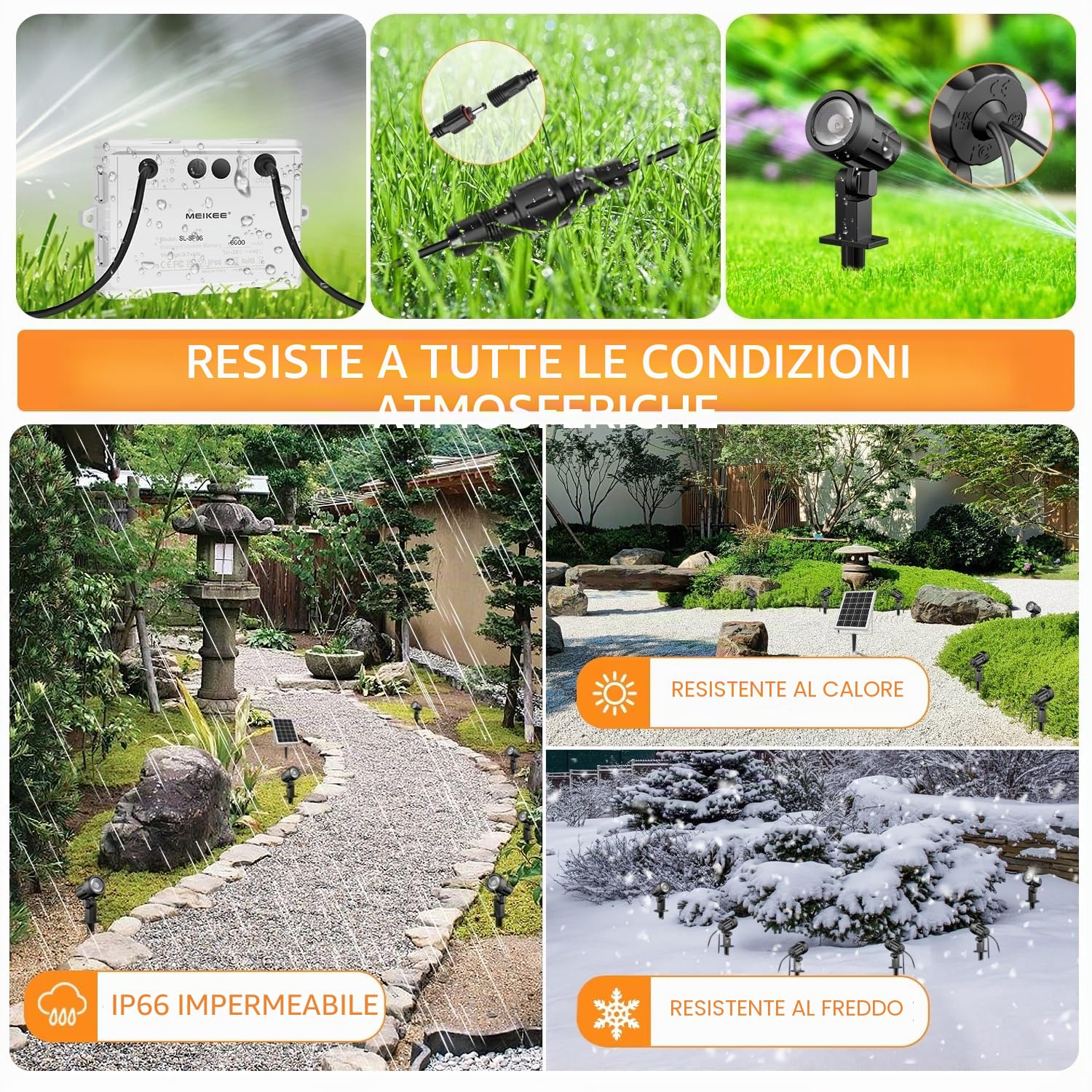 MEIKEE Faretti Solari Esterno, 6 in 1 Faretto Solare LED da Esterno Impermeabili IP66, 6W 6000mAh Luci Solari Blanco Cálido 3000K 3 Luminosità 3 Modalità per Patio Prato Giardino
