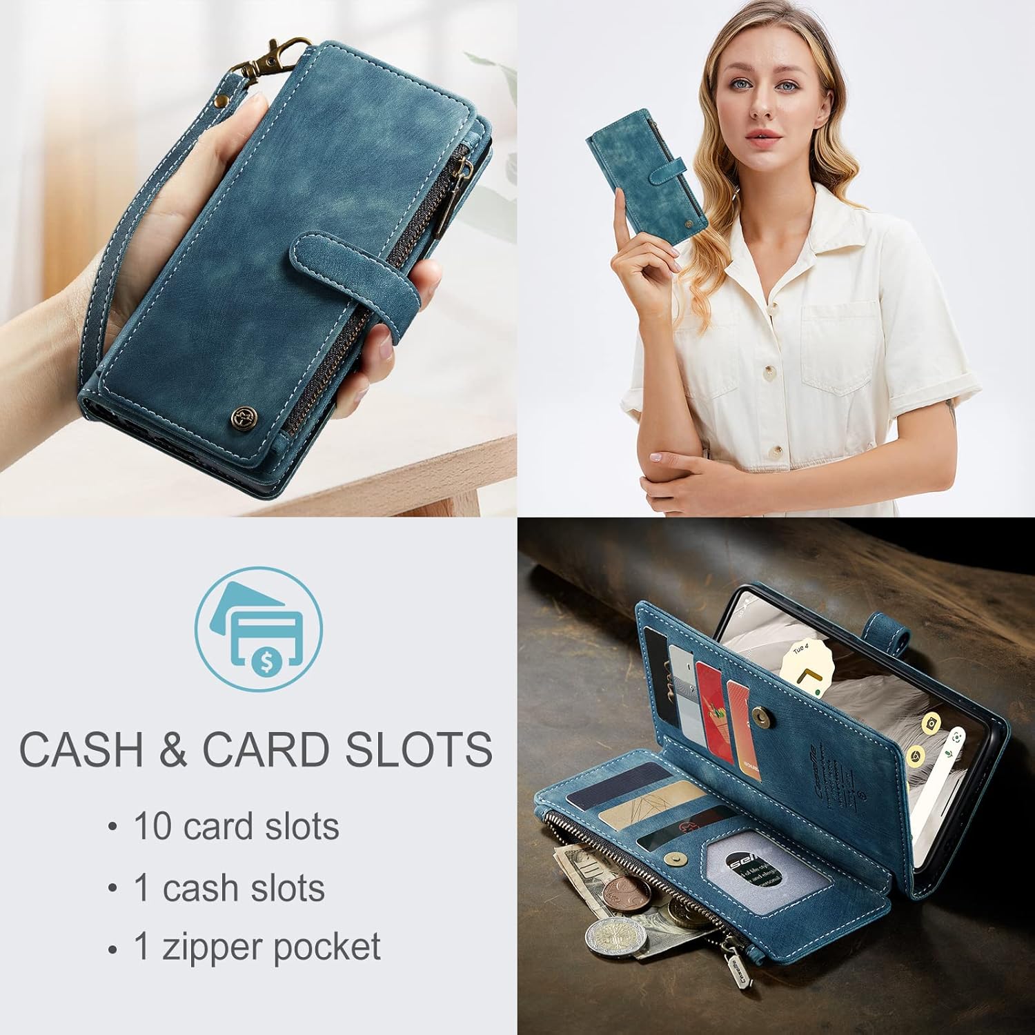for Google Pixel 8 5G Case, Flip Cover Pixel 8 5G with Card Holder Kickstand Lanyard, Shockproof Leather Wallet with Soft TPU Bumper Anti-Scratch Camera Protector for Men Women 2023, Blue