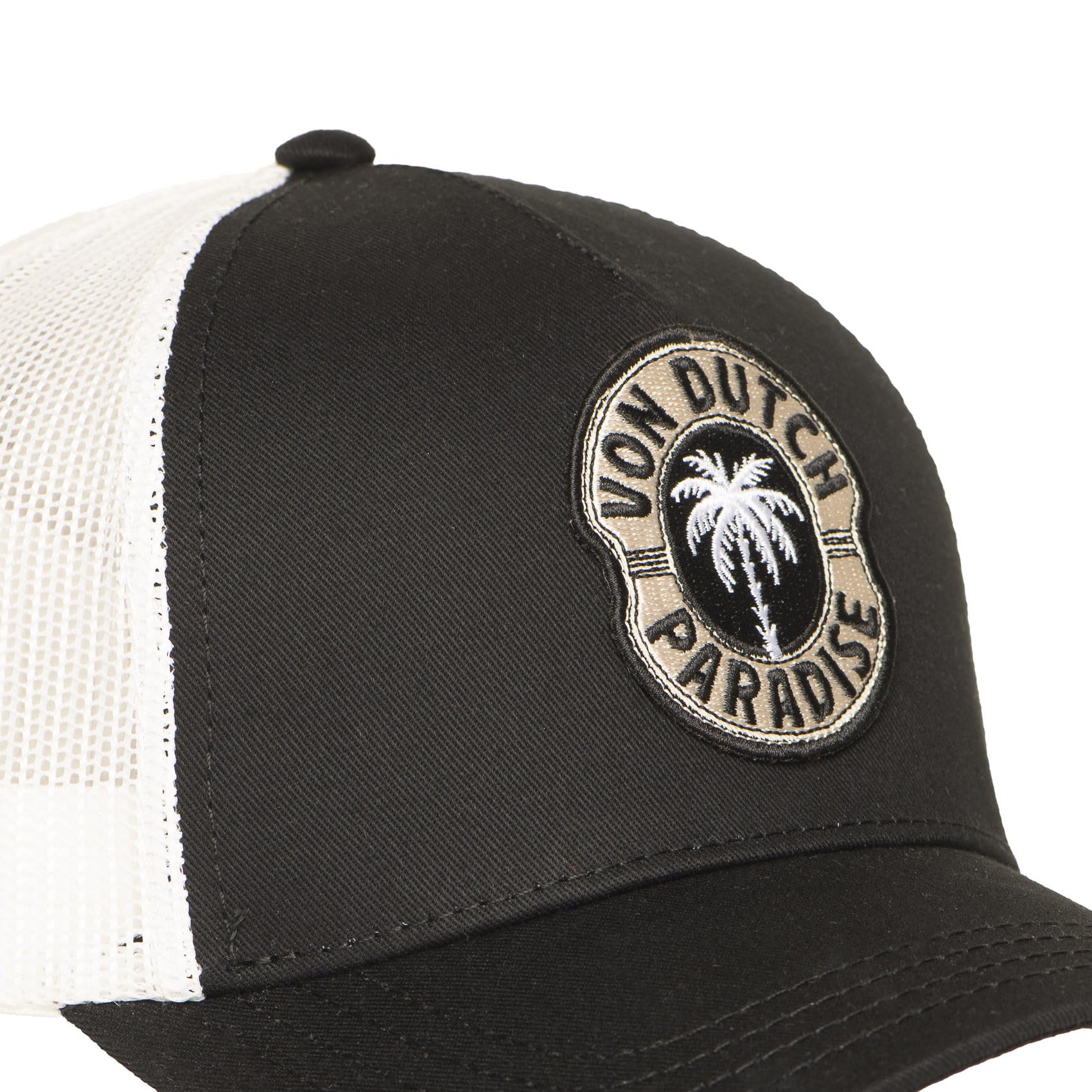 Von Dutch Czapka z daszkiem Trucker, czarno-biała, oddychająca siatka, logo palmy Paradise, regulowana
