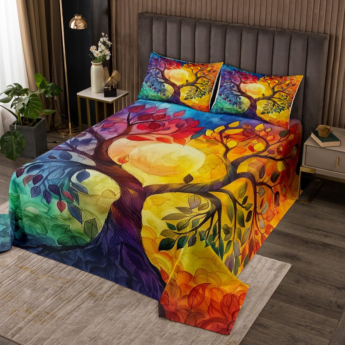 Castle Fairy Tree of Life Bedspread Twin Size Bedding for Kids Teens Bedroom Tree Branch Leaves Decor Coverlet Set Oil Painting Aesthetic Quilt Set for All Season,2 Pcs with 1 Pillowcase