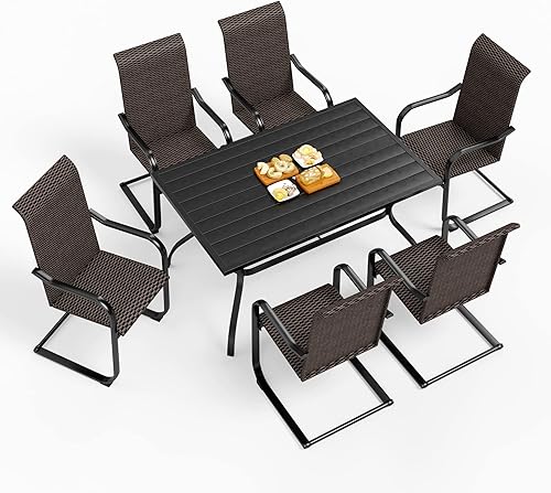 HERAS HOUSE Juego de comedor de patio de 7 piezas juego de comedor al aire libre para 6 6 sillas de comedor de ratán C-Spring 1 mesa de comedor