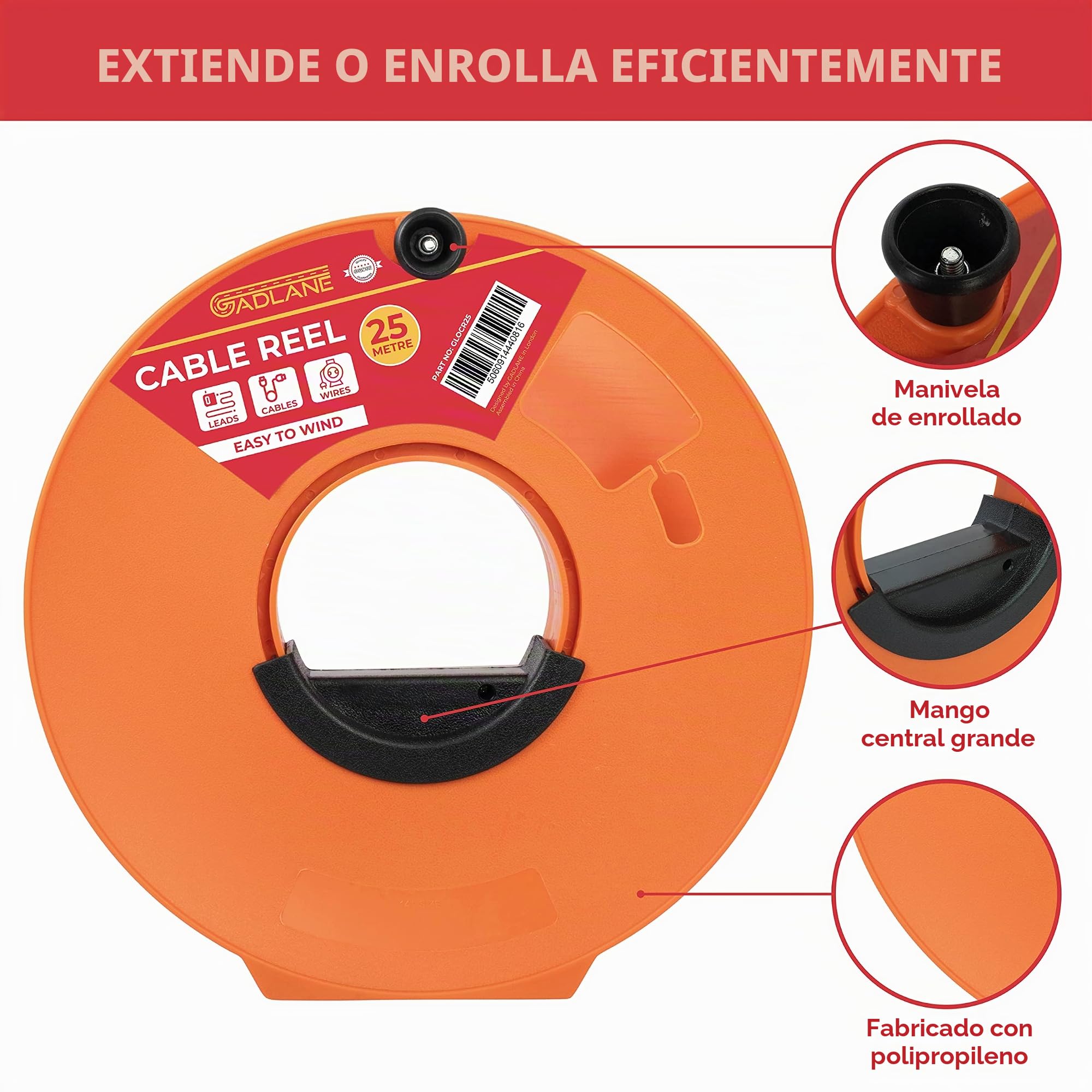 GADLANE Enrollador de Cable Vacío de 25 m - Almacenamiento de Alargadera 25 Metros para Acampar, Carrete de Manguera de Jardín, Cuerda de Malla de Alambre, Enrollador Cable de Fácil Cuerda - Naranja