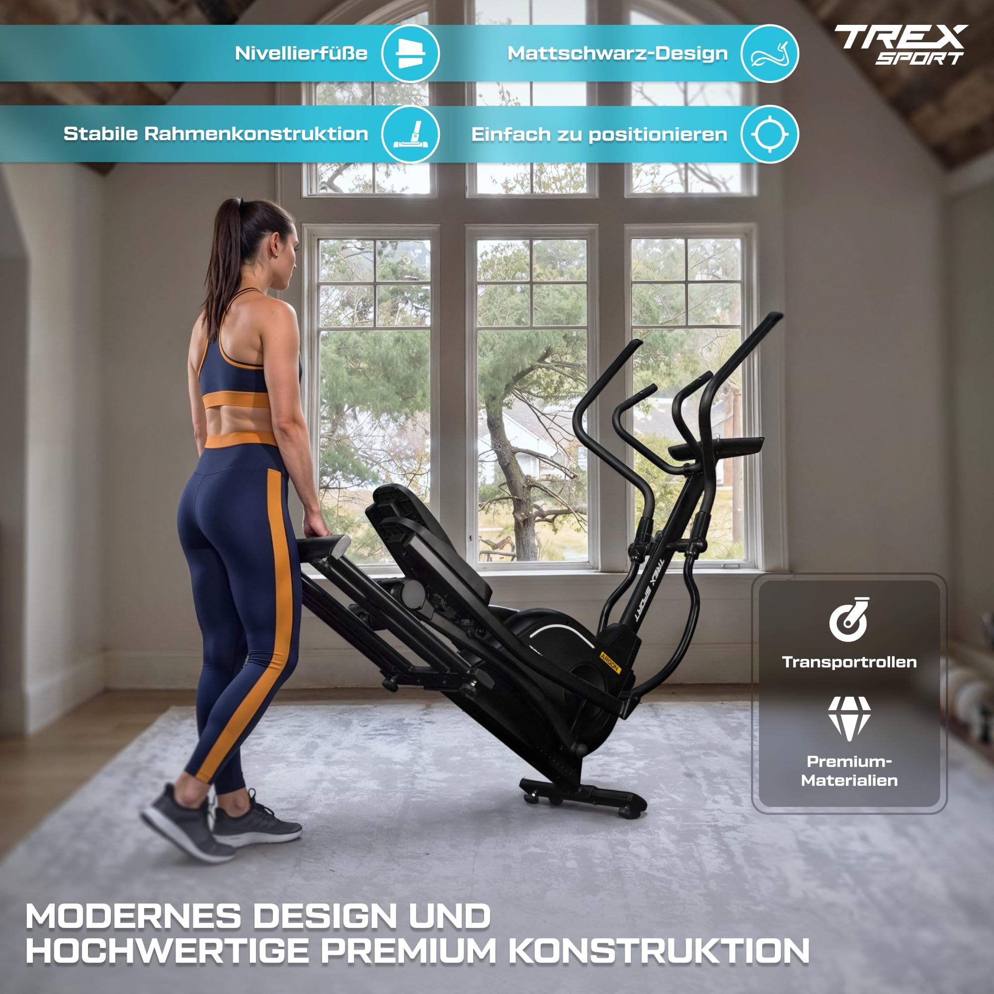 TREX SPORT Crosstrainer für zuhause Argon bis 135kg 32 Stufen Kinomap App | TX-900ECT Ellipsentrainer mit elektromagnetischem System, 18 kg Schwungrad, 32 Widerstandsstufen, 21 Programme, Schwarz
