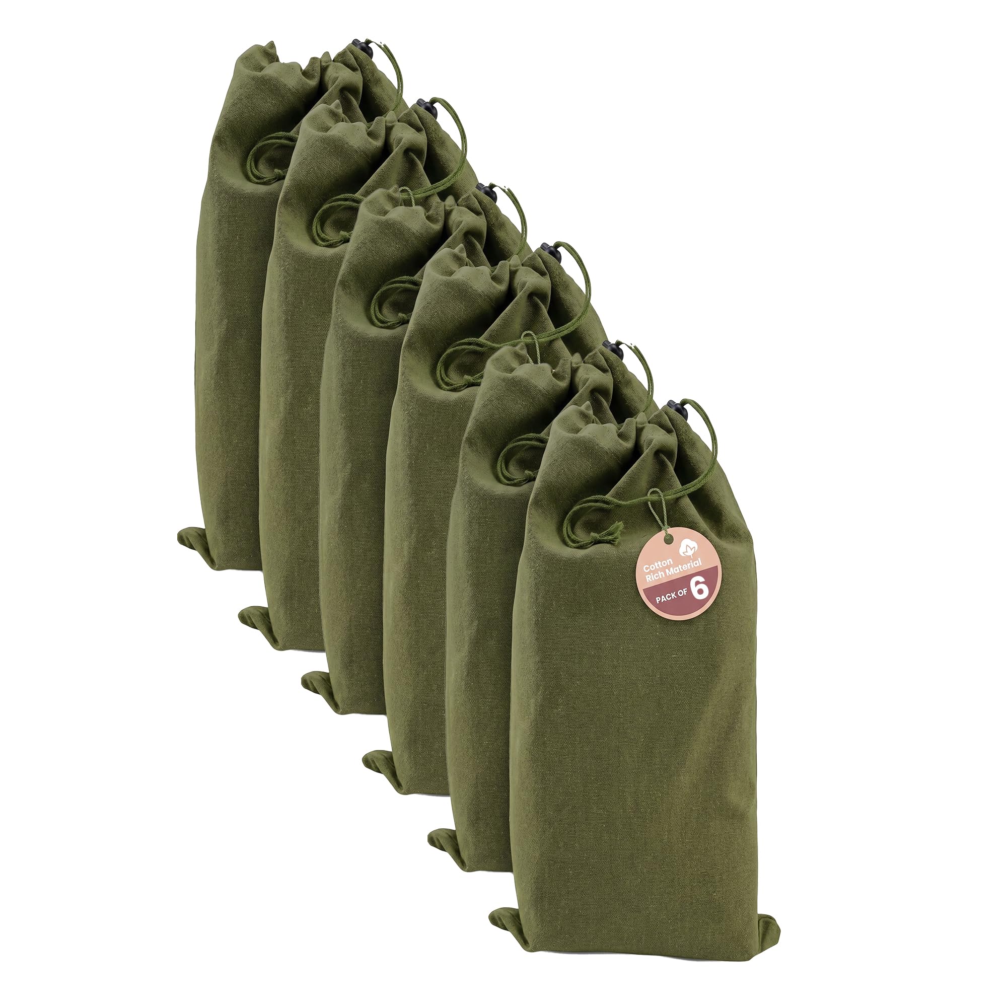 LFH Cotton Shoe Storage Bags with Drawstring, Breathable Dustproof Reusable Shoe Organizer for Travel, Gym, Dorm, Hotel, Machine Washable Easy Carry 8"x17" (Pack of 6), Military Green