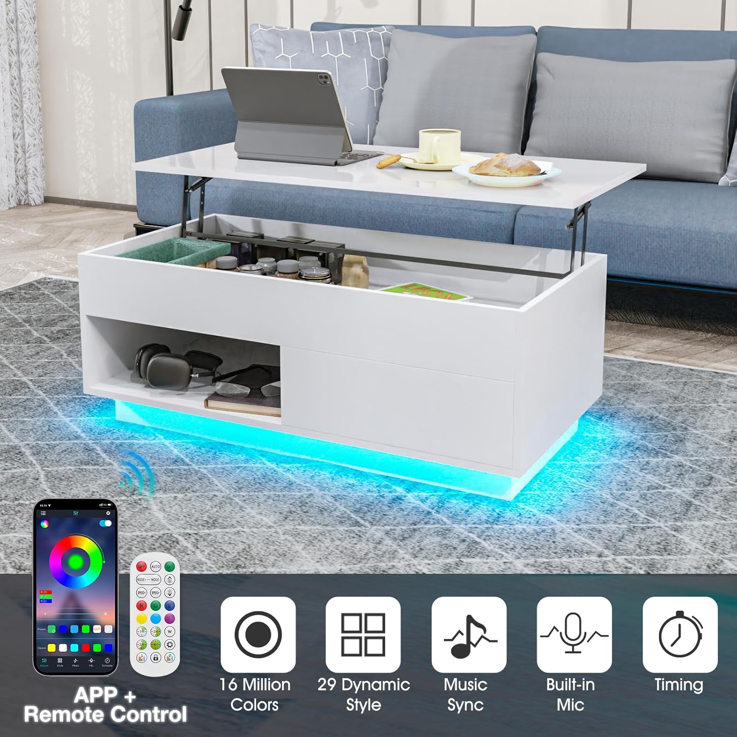 Lift Top Coffee Table with LED Light Morden Coffee Table with Storage High Gloss White Coffee Table for Living Room Tea Table with Storage Center Tables Hidden Compartment & Open Shelve & Drawer