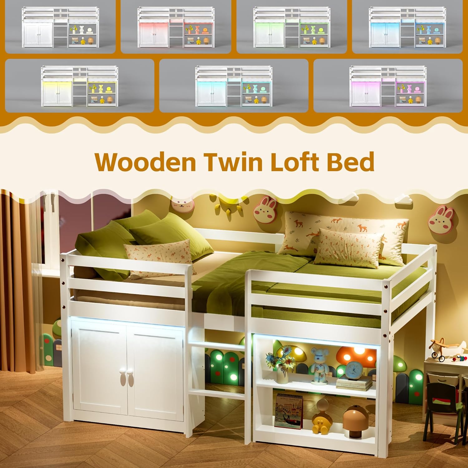 TOLEAD Kids Loft Bed, Twin Loft Bed with Lights, Toddler Loft Bed with 14" H Safety Guardrail, Low Loft Bed with Storage Bookcase and Under-Bed Play Space, Modern Low Loft Beds for Boys Girls (White)