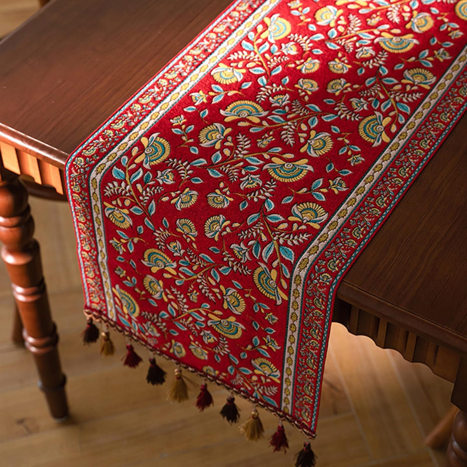 Camino de Mesa Decorativo para Mesa Comedor Poliéster, Caminos de Mesa Moderno 35x270 cm, Jacquard de Hojas Y Flores con Borlas