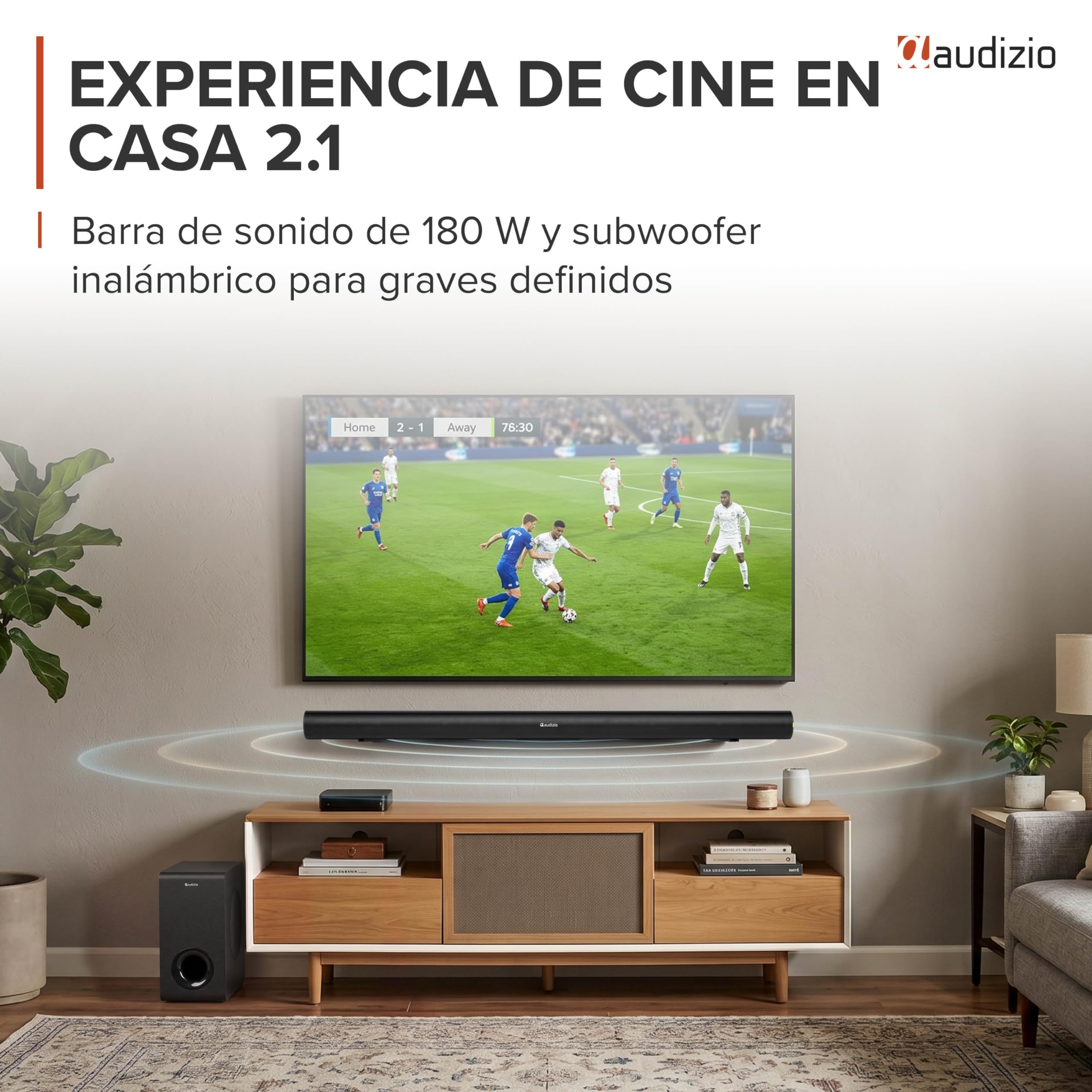 Audizio SB96WS – Barra de Sonido 180W con subwoofer inalámbrico 6,5”, HDMI ARC, Bluetooth 5.3, USB, óptica y AUX, soundbar 90 cm para TV, Color Negro