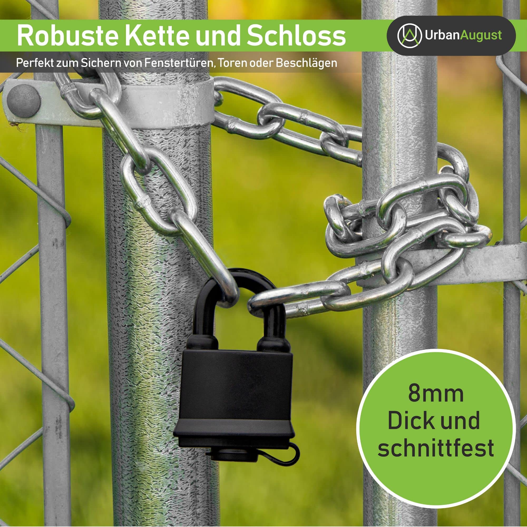 Urban August Sicherheitskette mit Vorhängeschloss – Kettenschloss aus 8mm Edelstahl - Witterungsbeständig & Extrem Robust - Ideal für Tore, Fahrräder, Zäune, Mülltonnen - Rostfreier Stahl (Chrom)