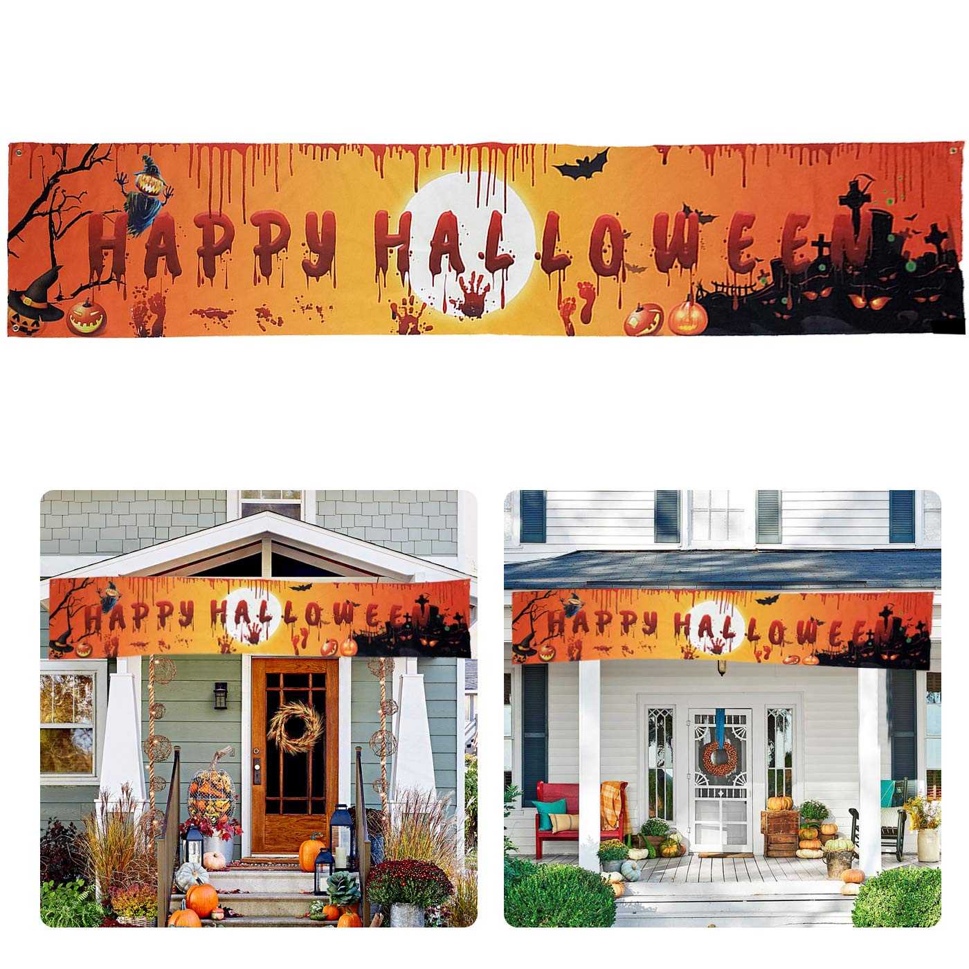 Kaliosy Happy Halloween Big Banner Decorations with Ghost Pumpkin Bat Handprint Footprint Horror Haunted House Design for Home Wall Gallery Decor Outdoor Indoor Yard Garden Party Supplies 98 X 19 Inch