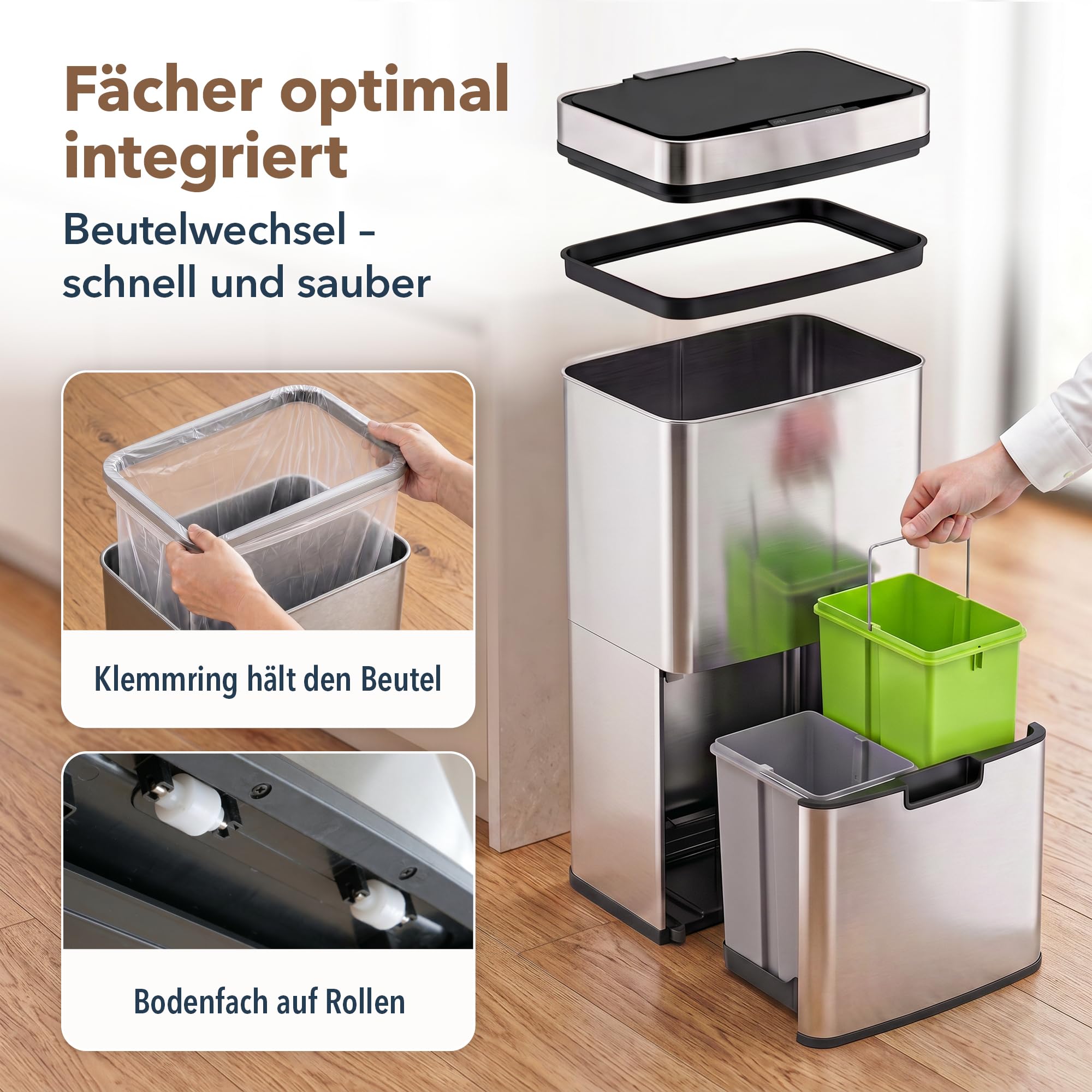 ledscom.de SORTA Sensor Mülleimer 72L, 3-Fächer Mülltrennsystem | Edelstahl, 3 Kammern: 47 L + 2×12,5 L, berührungslos, 5 Sek.-Auto-Close, herausnehmbare Inneneimer, 42 × 31,5 × 82,5 cm