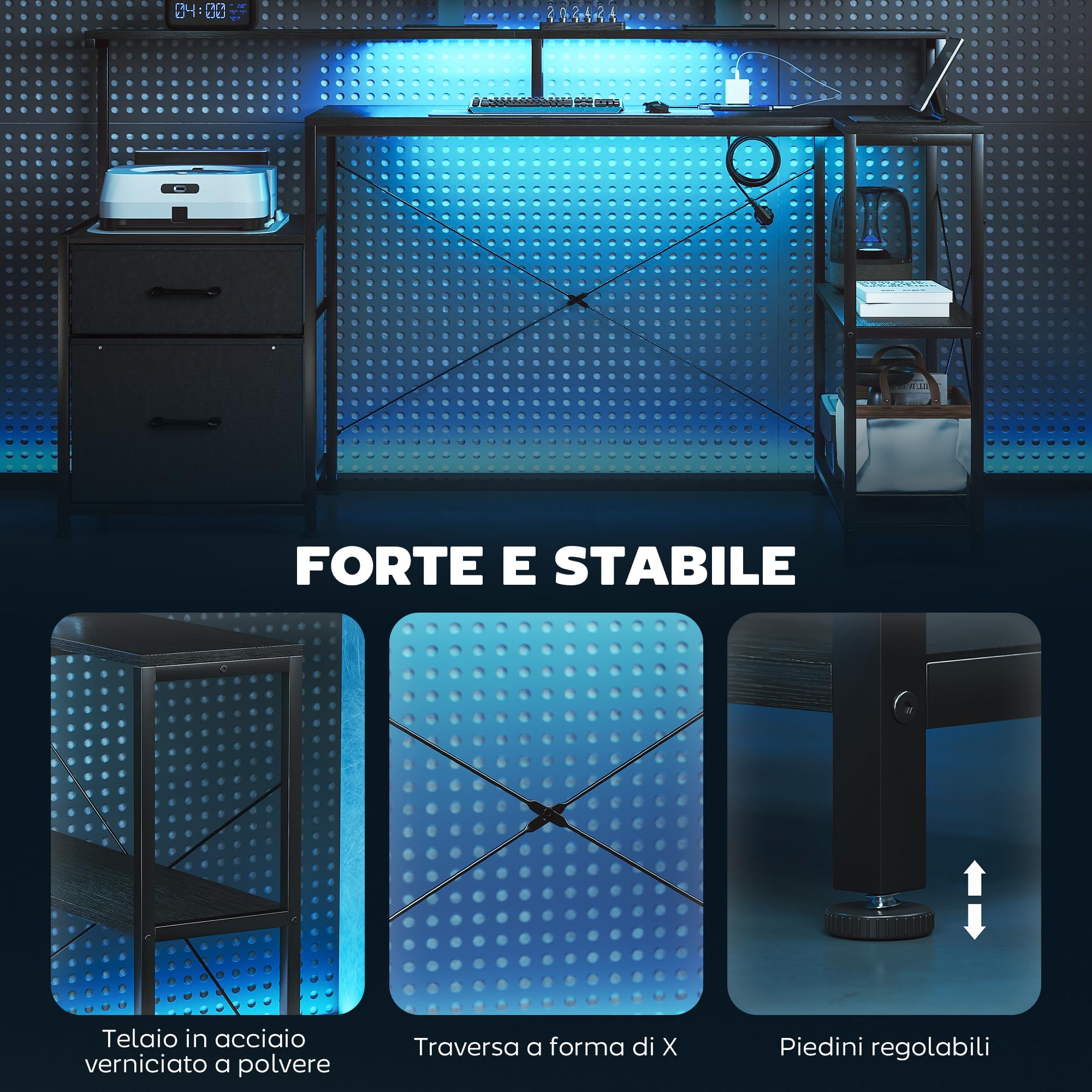 HOMCOM Scrivania Gaming ad L con Multipresa, Luci LED, 165x80 cm Scrivania PC con 2 Cassetti in Tessuto, 2 Scaffali Aperti, Tavolino Laterale e 2 Supporti per Monitor, in Truciolato e Acciaio, Nero