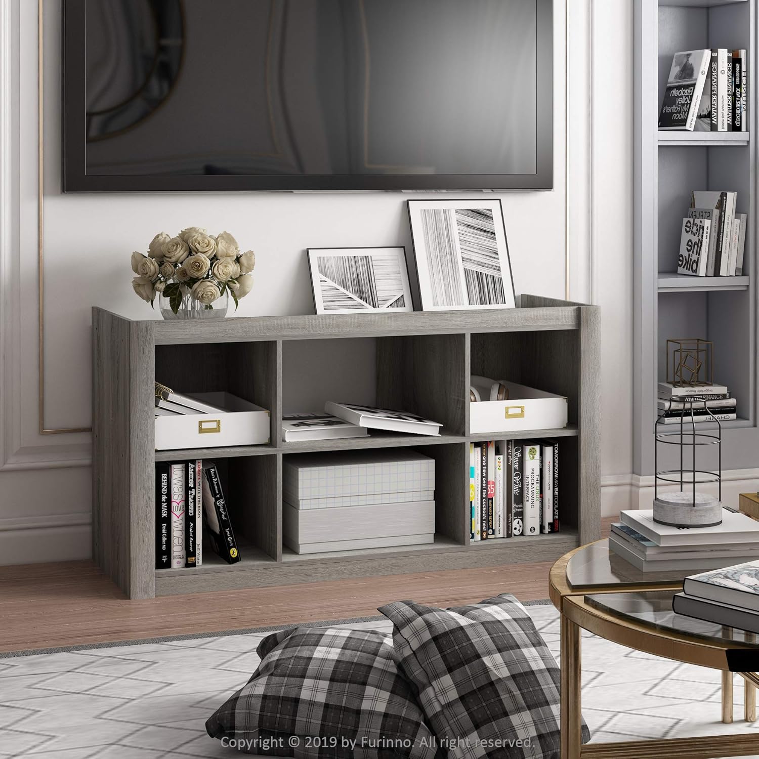 furinno fowler multipurpose tv stand bookshelves, french oak grey french oak 50" tv, wood frame