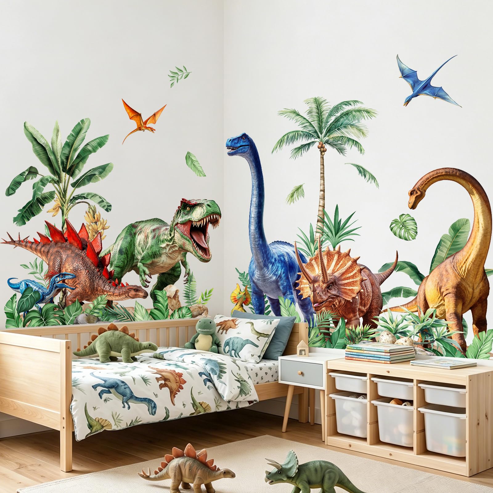 Tanlaby 158x85cm Large Dinosaurs Wall Decals Dino Animal Tropical Palm Tree Wall Stickers Wall Art Decals for Boys Baby Nursery Kids Bedroom Playroom Daycare Decor(XXL)