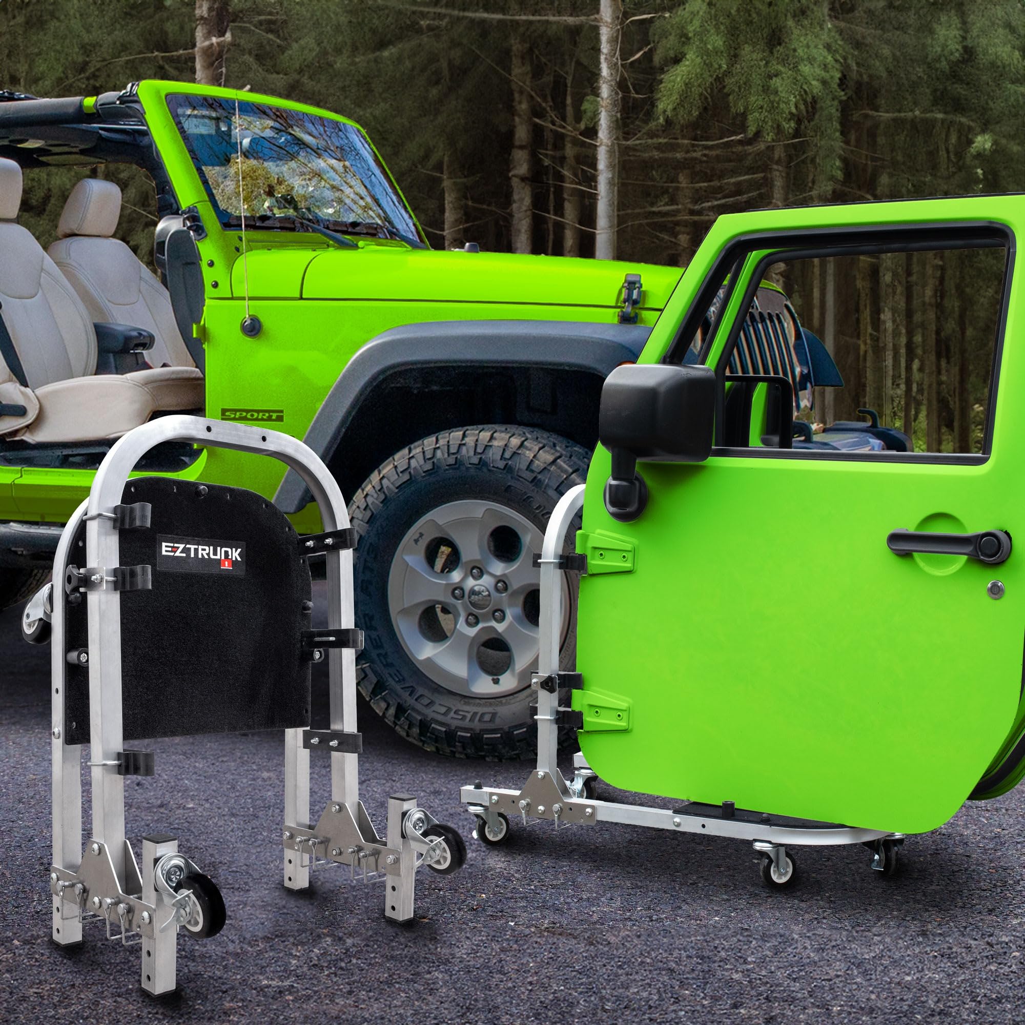 EZ4X4 Aluminum Silver 2-Door Folding Rolling Door Cart, Storage Door Rack Holder Stand fits Wrangler JL JK TJ YJ Patented