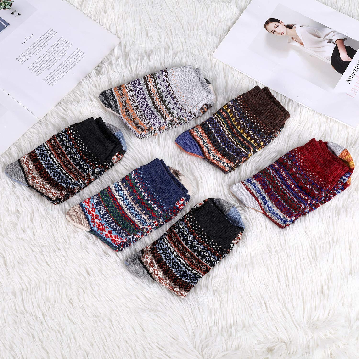Fixget Calze Termiche Donna, 6 Paia Calzini Calde Donna Invernali, Calzini Termici Donna Calza Spessa per Donne Vintage Stile Country