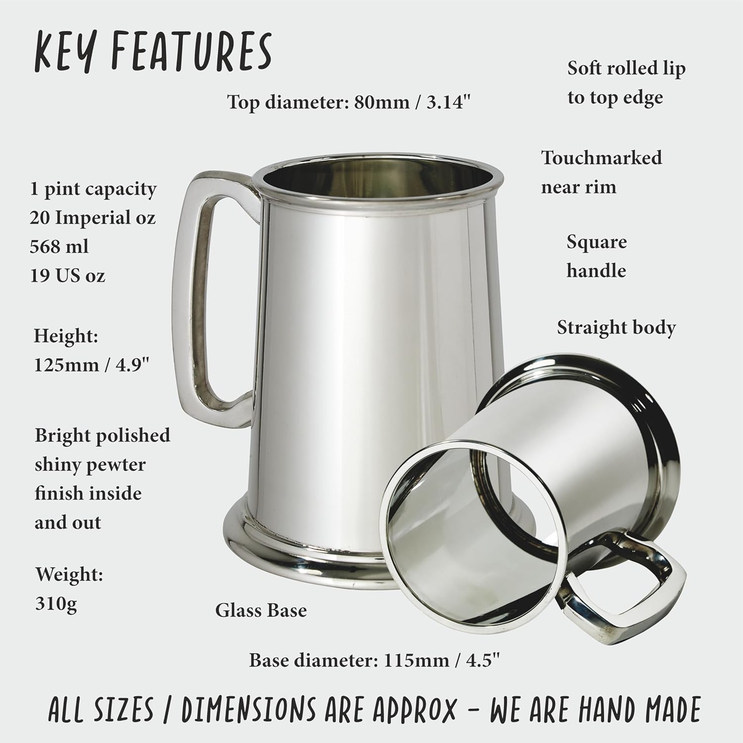 Wentworth Pewter - Plain 1 Pint Glass Base Heavy Pewter Tankard, Beer Mug