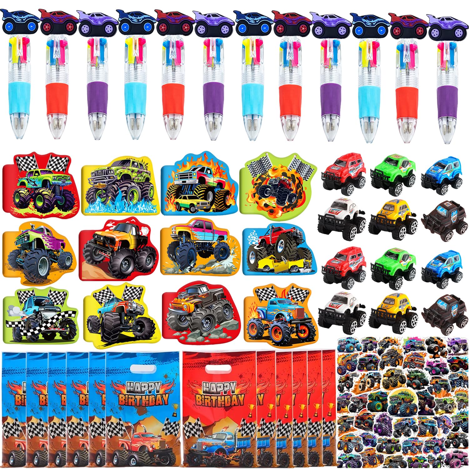 Augweyang Monster Truck Stationery Party Gifts Supplies Set with Pen Notebooks Stickers and Gift Bags for 12 Guests Birthday Party Decorations Goodie Bag Pinata Fillers Stuffers Rewards