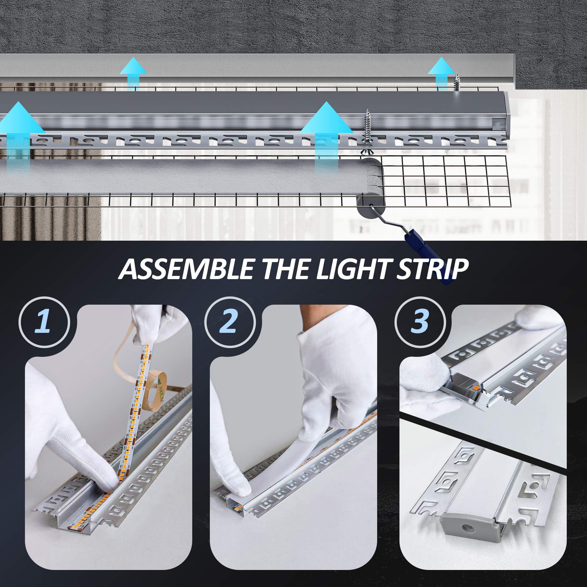 15 x Profilo Alluminio per Strisce LED 2M, Profilo Cartongesso per Barra Led, Installazione Superficiale per Illuminazione Indiretta del Soffitto, Compatibile con Diffusore Led e Canaline led