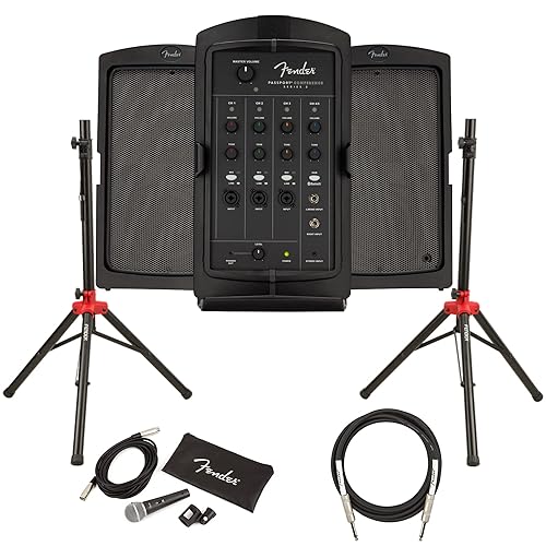 Fender Passport Conference S2 Portable PA System Bundle with Microphone, Compact Speaker Stands, XLR Cable, and Instrument Cable - Conference Series S2 w/ Mic
