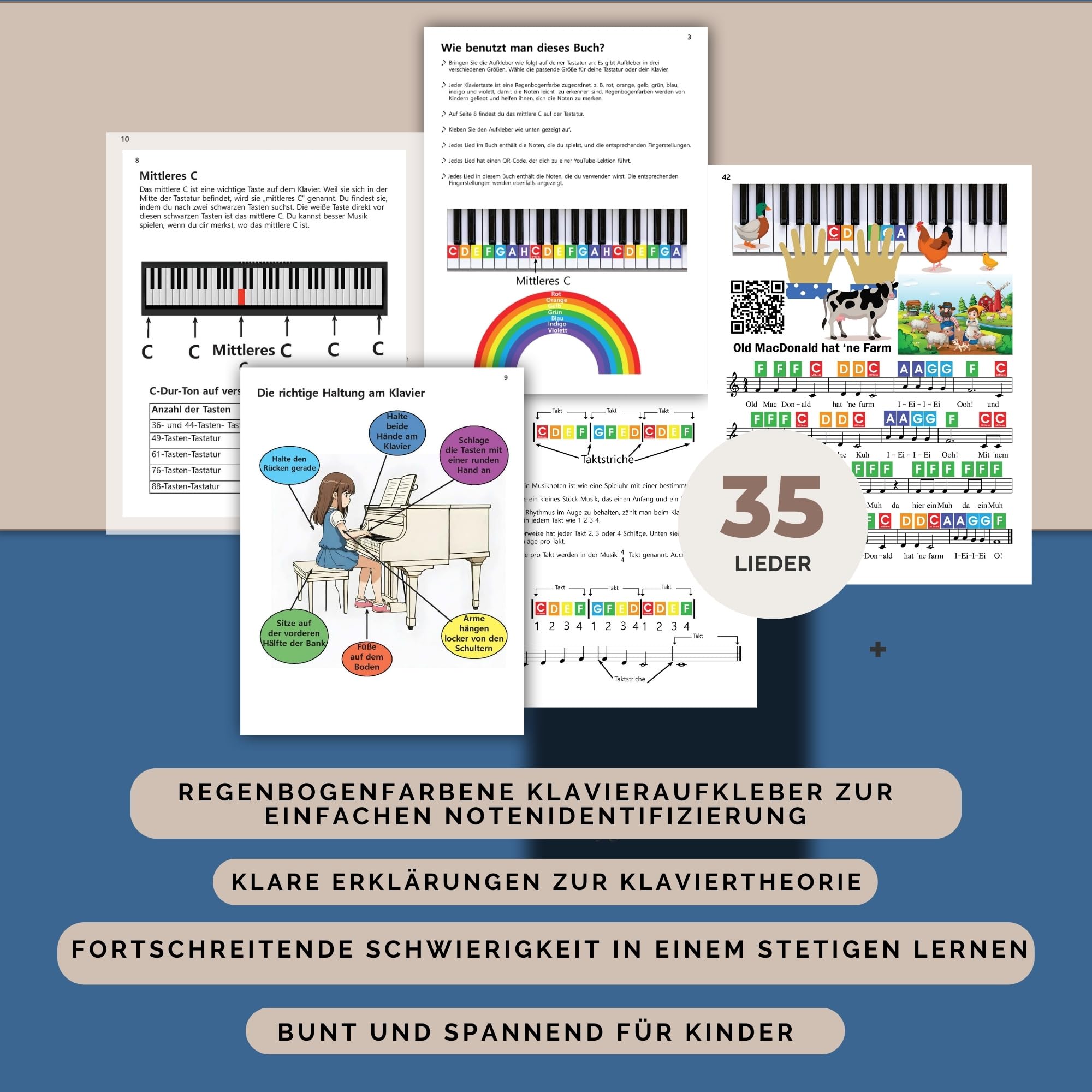 QMG Rainbow Coloured Piano and Keyboard Stickers and Children Piano Learning Book Easy to Follow Instructions and Easy Piano Notes for Children Beginners Piano Book for Children - Image 4