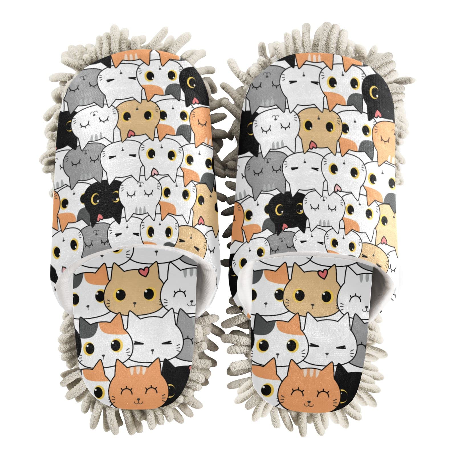 Fisyme Cute Cats Mop Slippers for Men, Washable Soft Microfiber Super Chenille House Home Shoes Mopping Slippers for Kitchen Bedroom Floor Cleaning