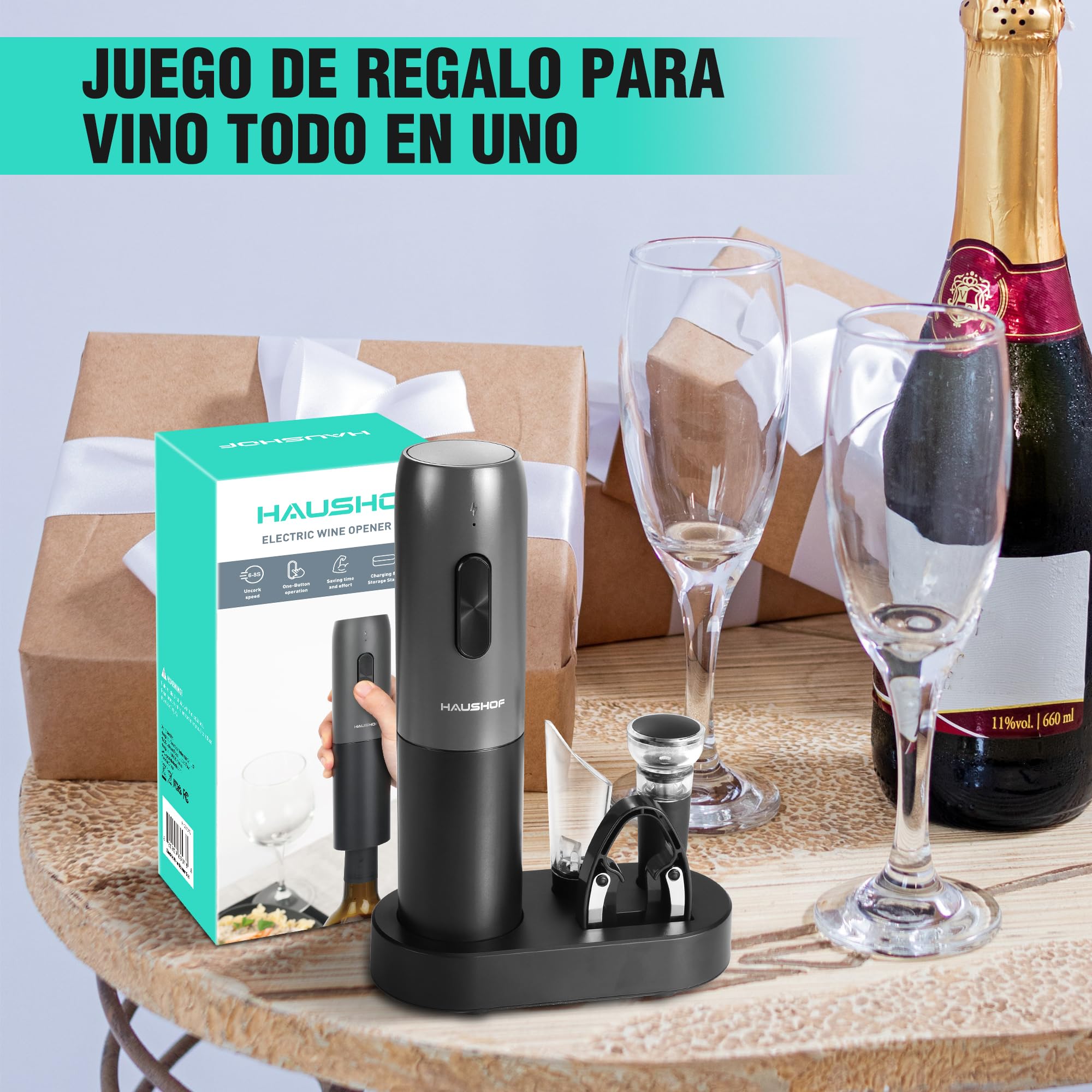 HAUSHOF Sacacorchos Eléctrico Recargable 6 en 1, Abridor de Vino Automático con Cortador de Láminas, Tapón al Vacío, Vertedor, Cable USB-C y Base