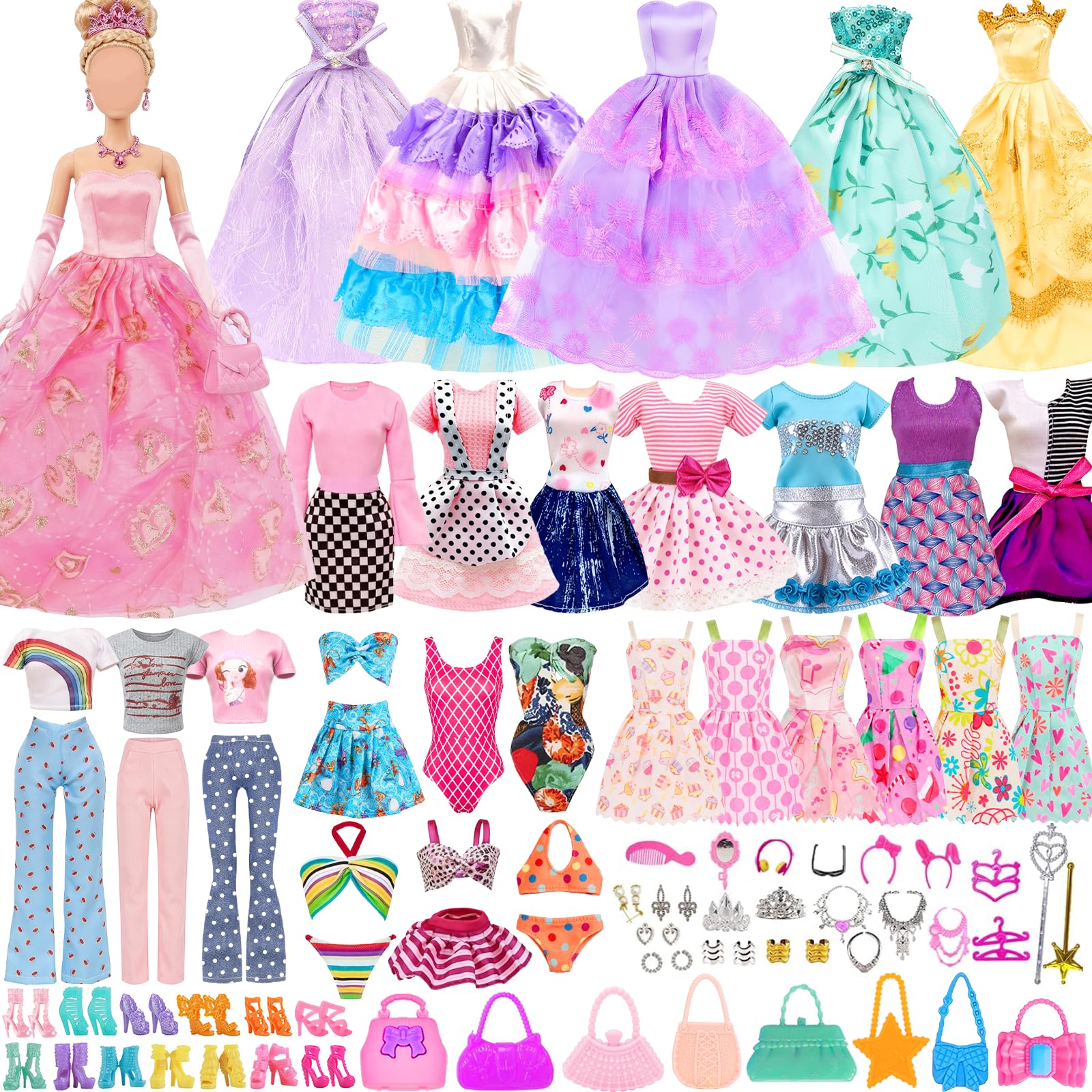 44 sztuki ubranek i akcesoriów dla lalek: 2 eleganckie sukienki, 2 suknie wieczorowe, 2 stroje (top + spodnie), 10 sukienek mini, 3 bikini, 10 par butów i 15 akcesoriów dla lalki 11,5-calowej.