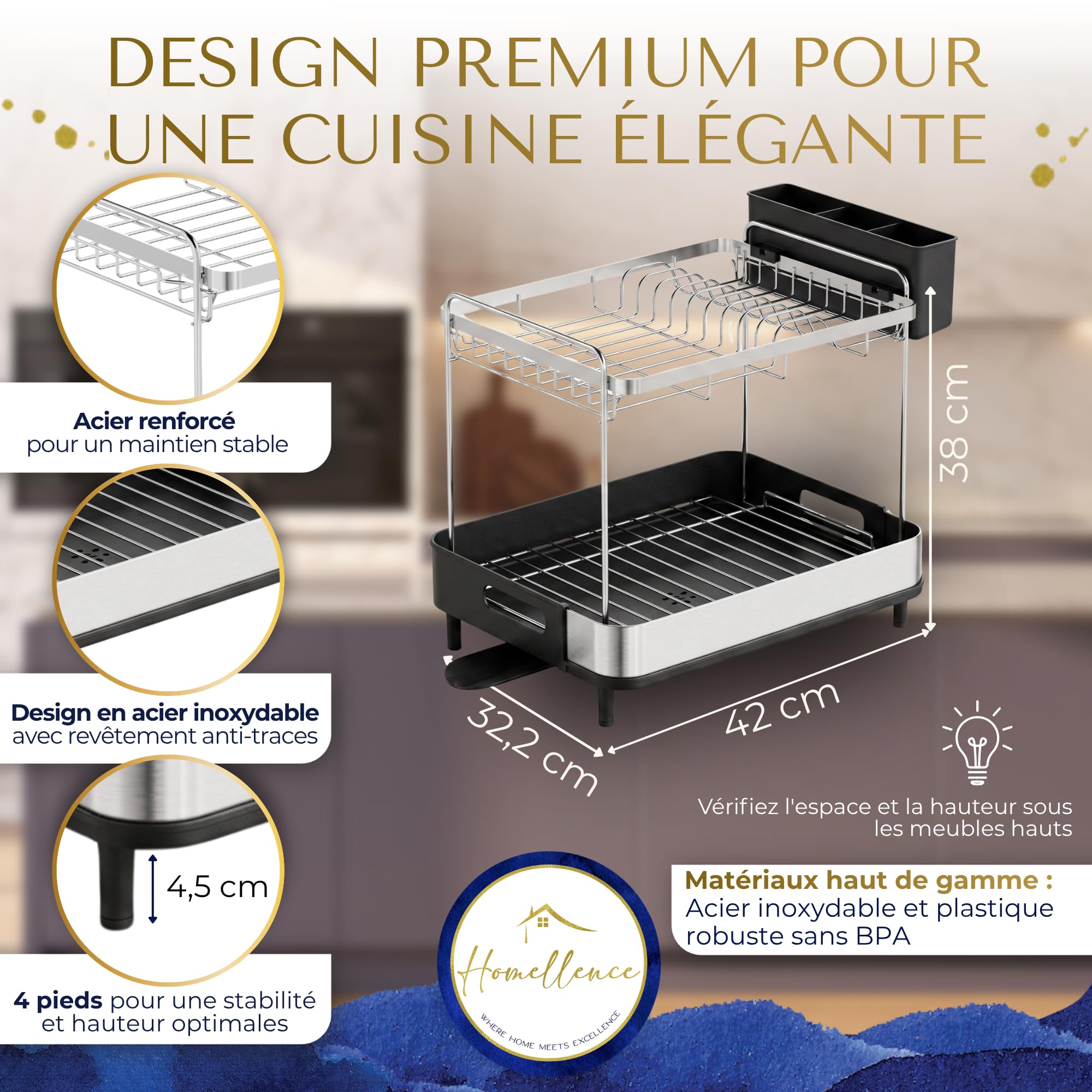 Homellence Égouttoir à Vaisselle 2 Niveaux, Égouttoir Cuisine Compact, Noir